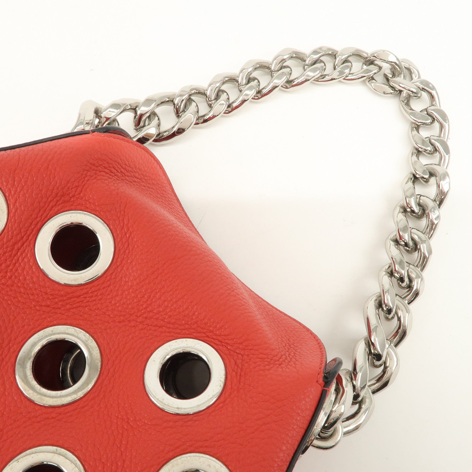 PRADA Logo Grommet Leather Chain Shoulder Bag Red Silver 1BA027
