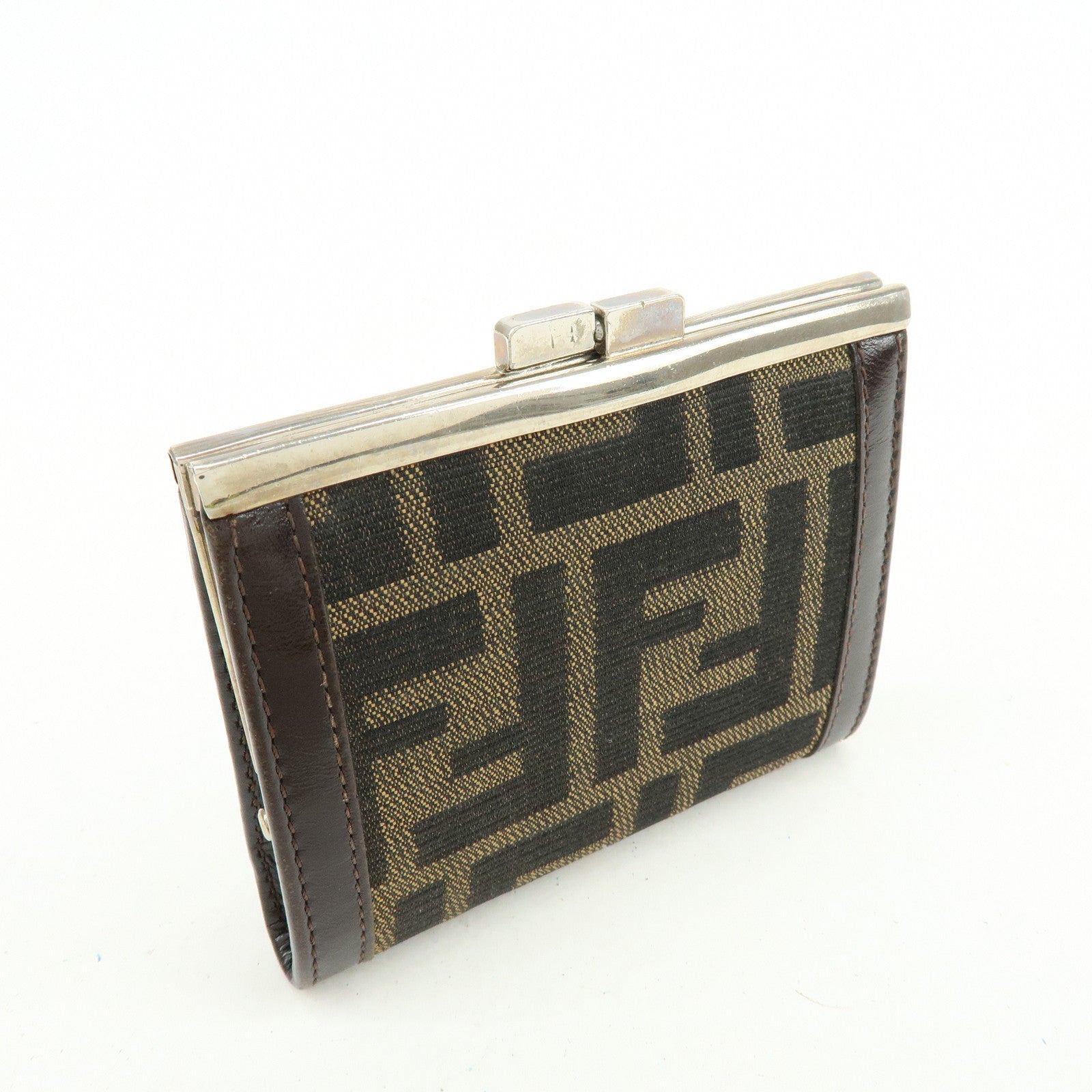 FEND Zucca Canvas Leather Compact Wallet Coin Case Brown