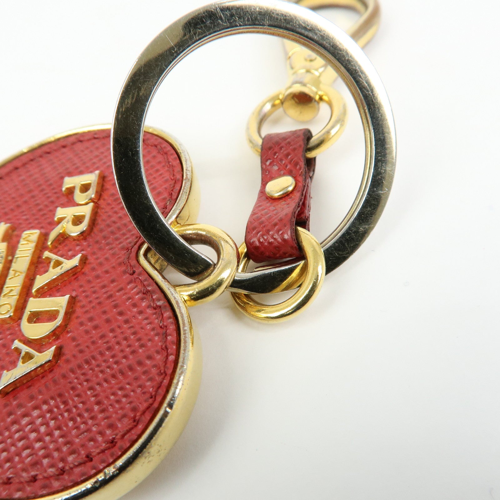 PRADA Metal Saffiano Leather Heart Bag Key Charm Key Chain Red