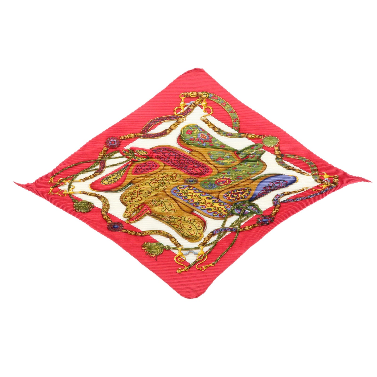 HERMES Pleated Carre 90 Silk 100% Scarf Festival Red