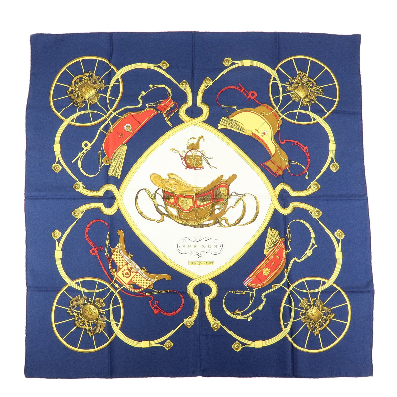HERMES Carre 90 Silk 100% Scarf SPRINGS Navy Yellow White