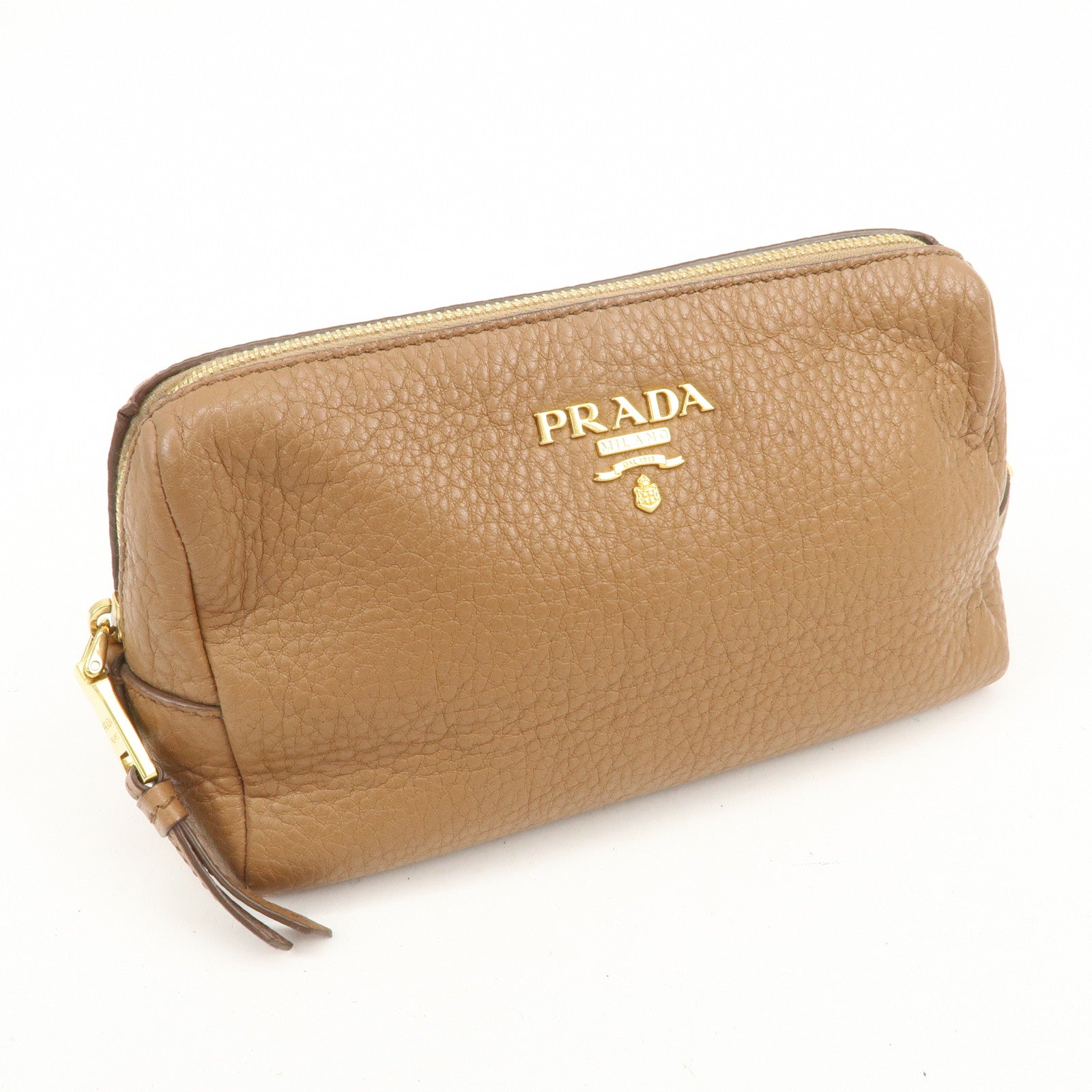 PRADA Logo Leather Pouch Cosmetic Pouch Camel