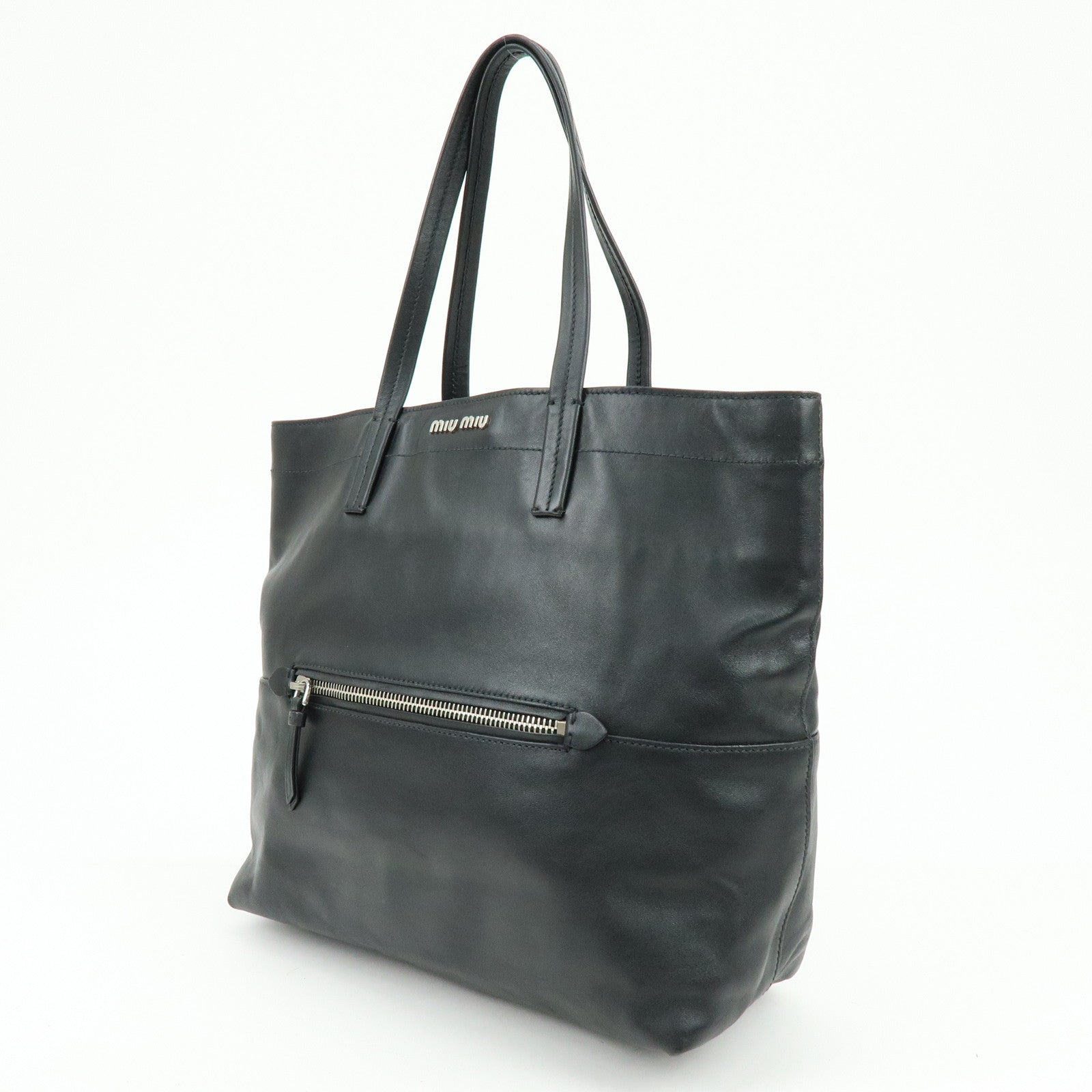 MIU MIU Logo Leather Tote Bag Shoulder Bag Hand Bag Black