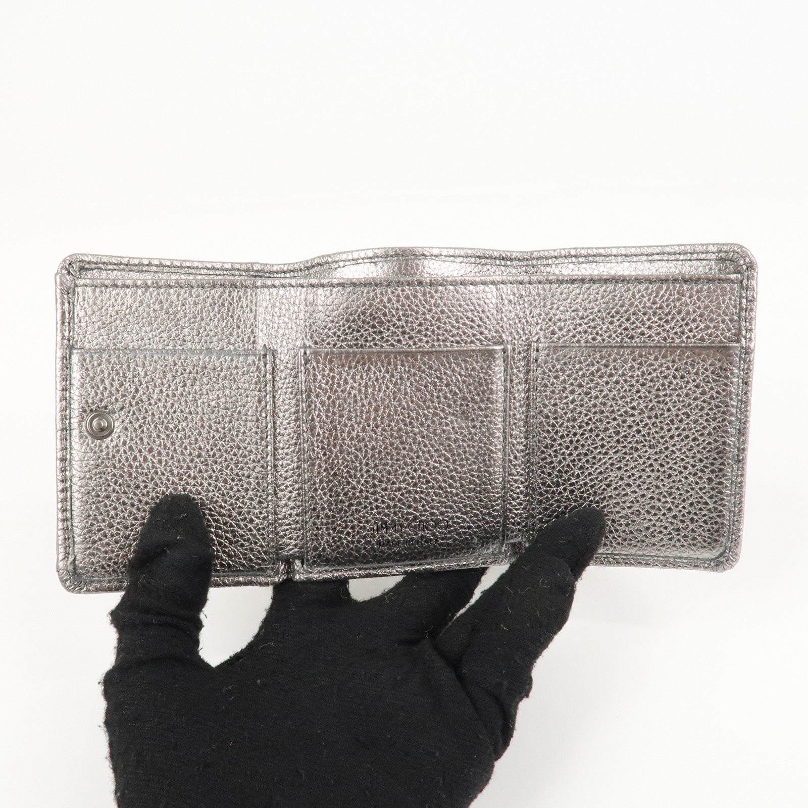 JIMMY CHOO 202 NEMO Studs Leather Compact Wallet Silver Used