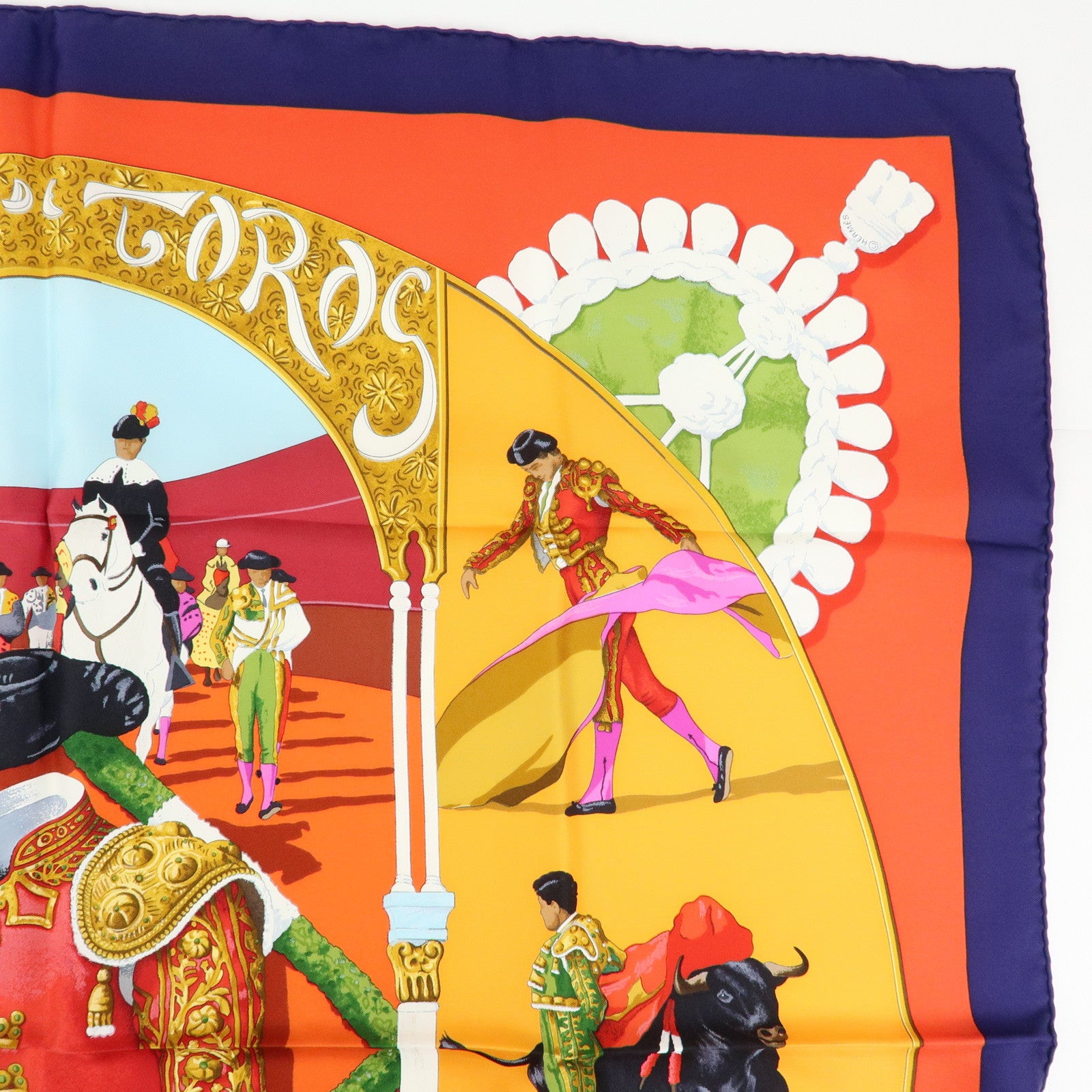 HERMES Carre 90 Silk 100% Scarf Plaza de Toros Bullring Red Navy