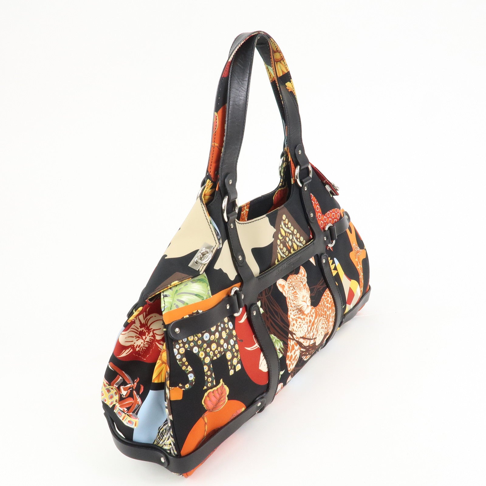 Ferragamo Nylon Leather Hand Bag Shoulder Bag Black Multicolor