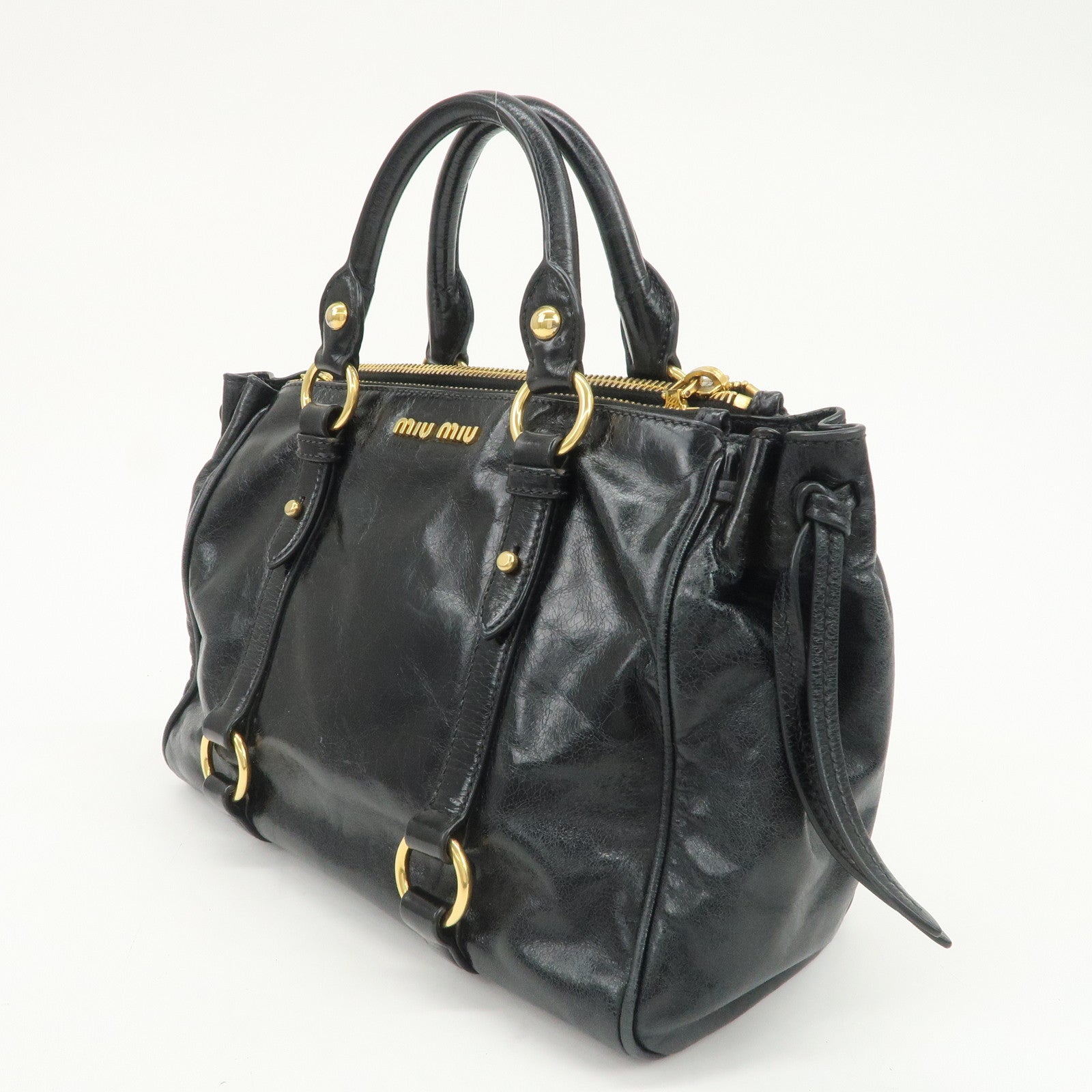MIU MIU Vitello Shine Leather 2Way Bag Hand Bag Black 5BB893