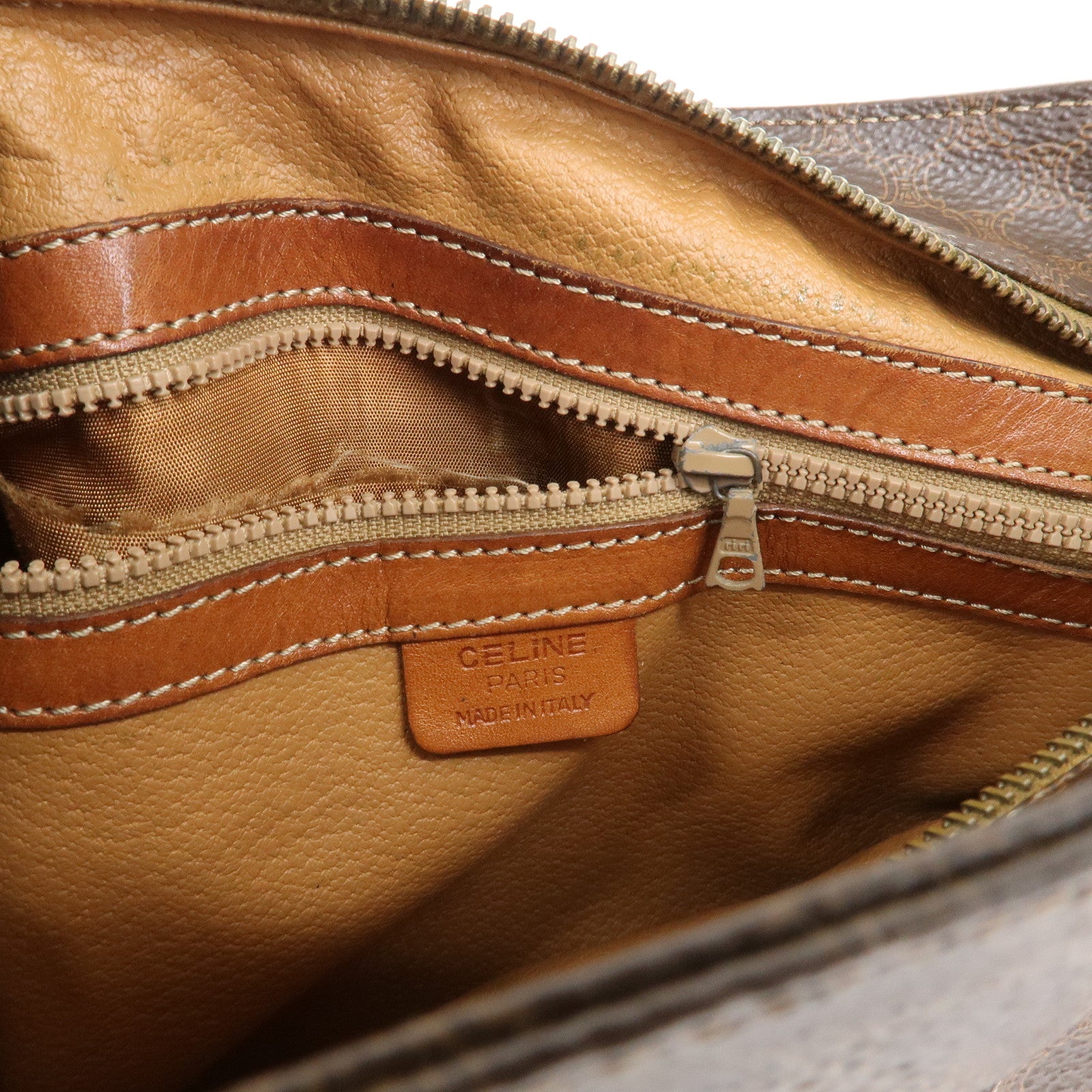 CELINE Macadam PVC Canvas Leather Shoulder Bag Brown Gold Hardware