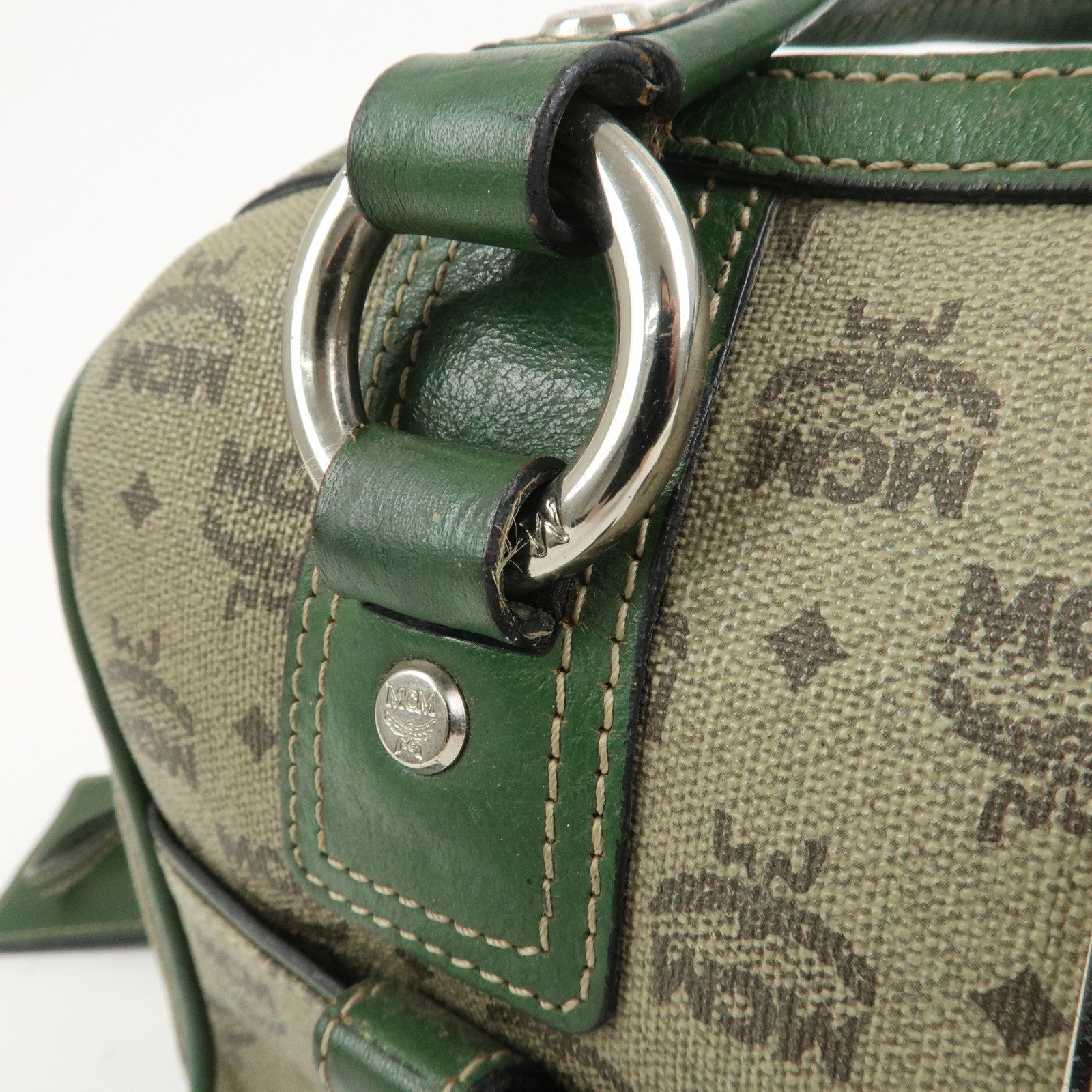 MCM Visetos PVC Coating Canvas Leather Boston Bag Beige Green