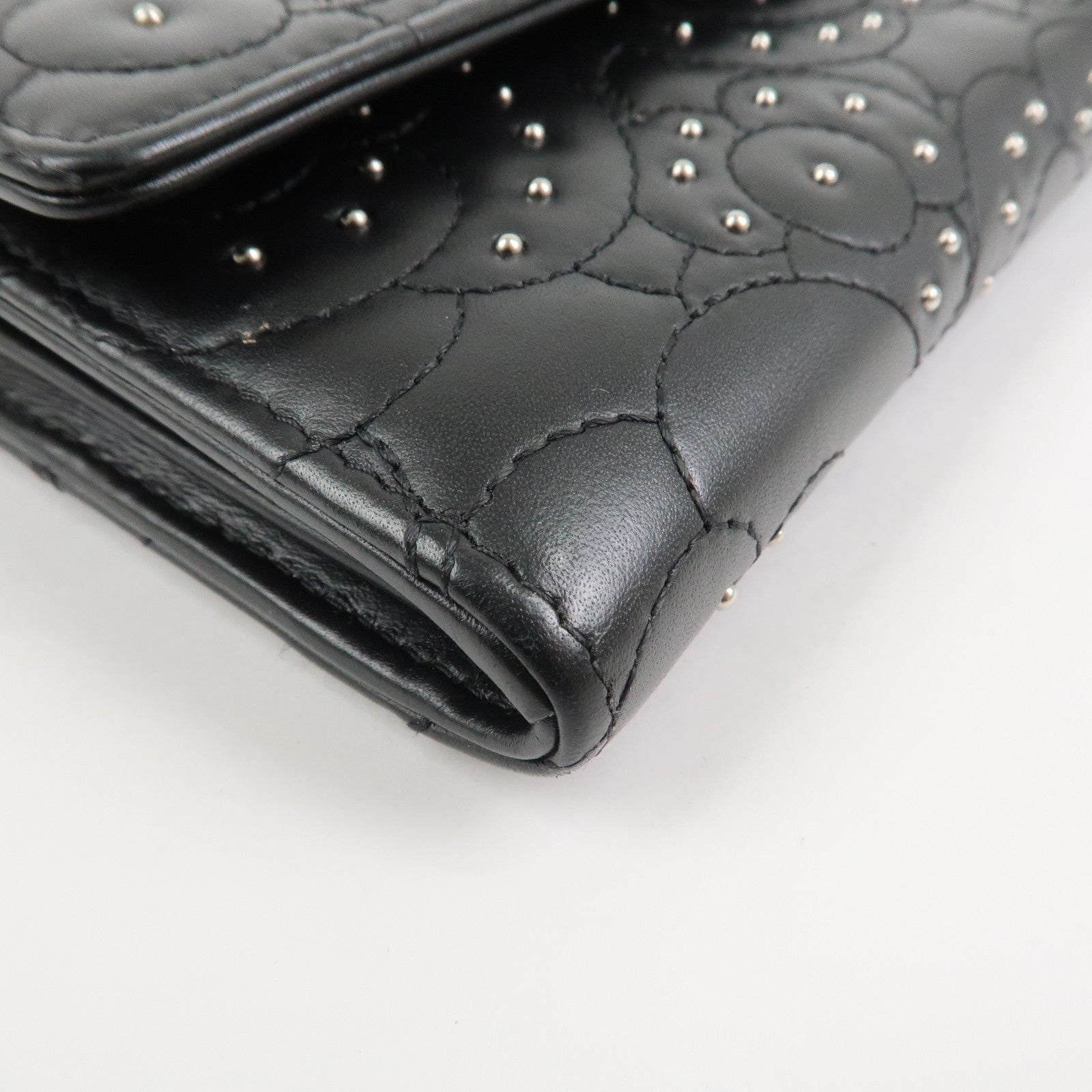 CHANEL Camellia Leather Long Wallet Black Silver Studs A82283