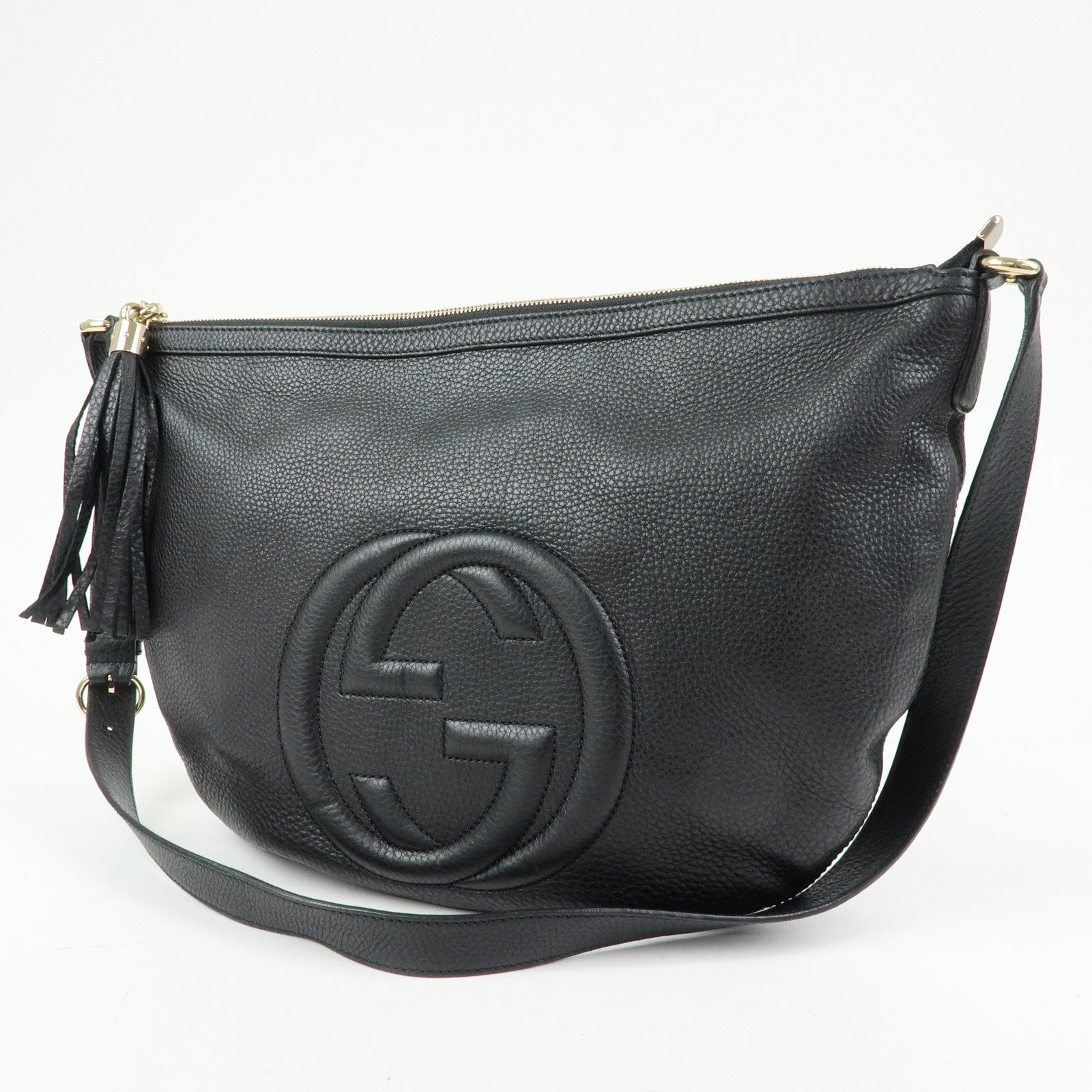 GUCCI Interlocking G Leather Shoulder Bag Fringe Black 295175