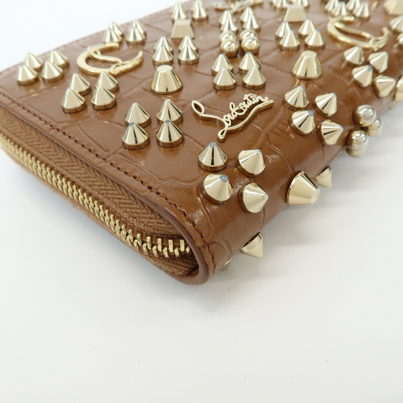 Christian Louboutin Embossed Leather Long Wallet Studs Brown