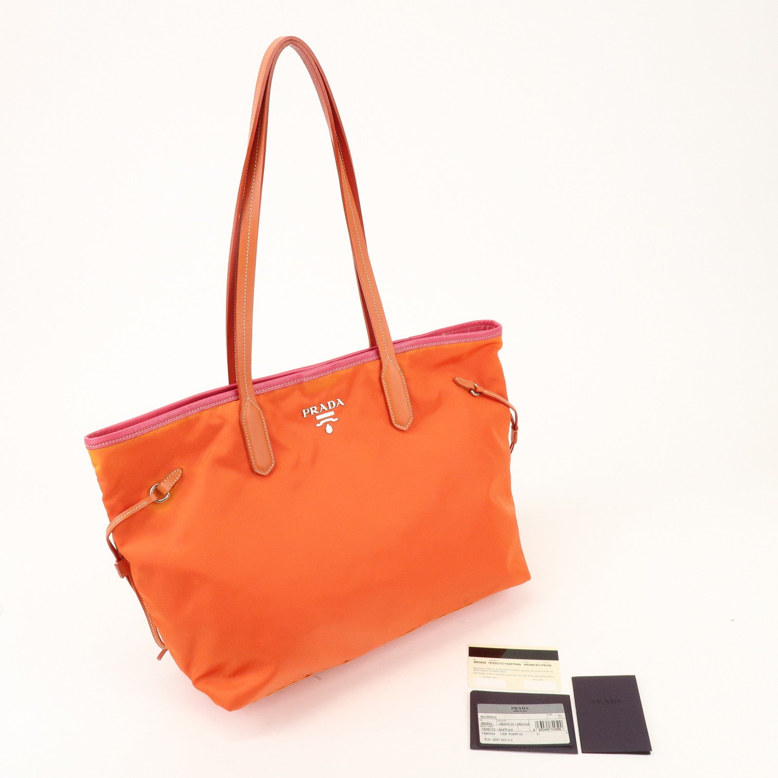 PRADA Nylon Saffiano Leather Tote Bag Orange Pink BR3924