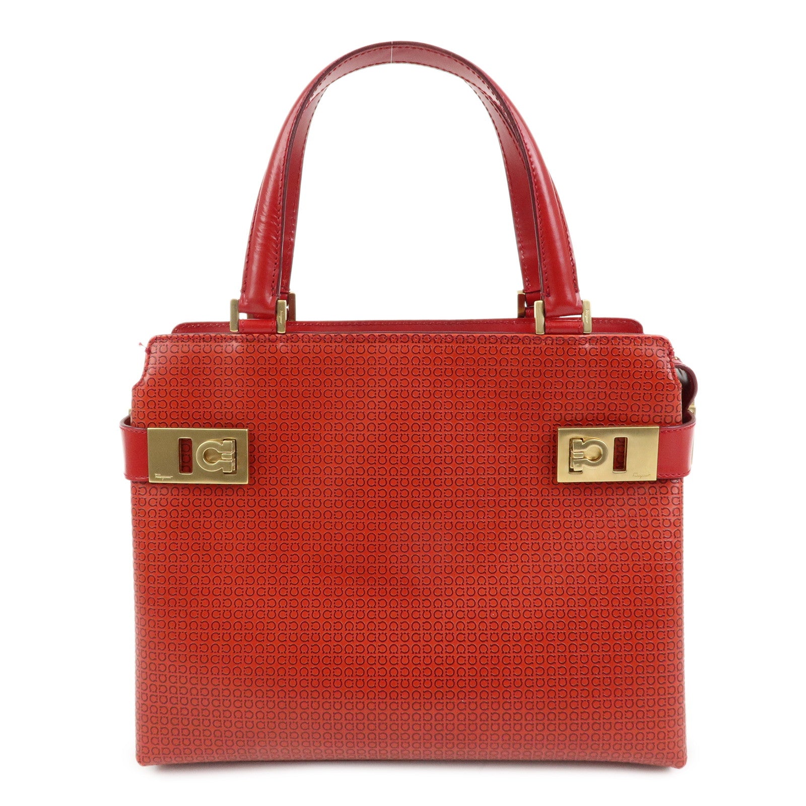 Ferragamo Gancini Side Belt Leather Hand Bag Tote Bag Red