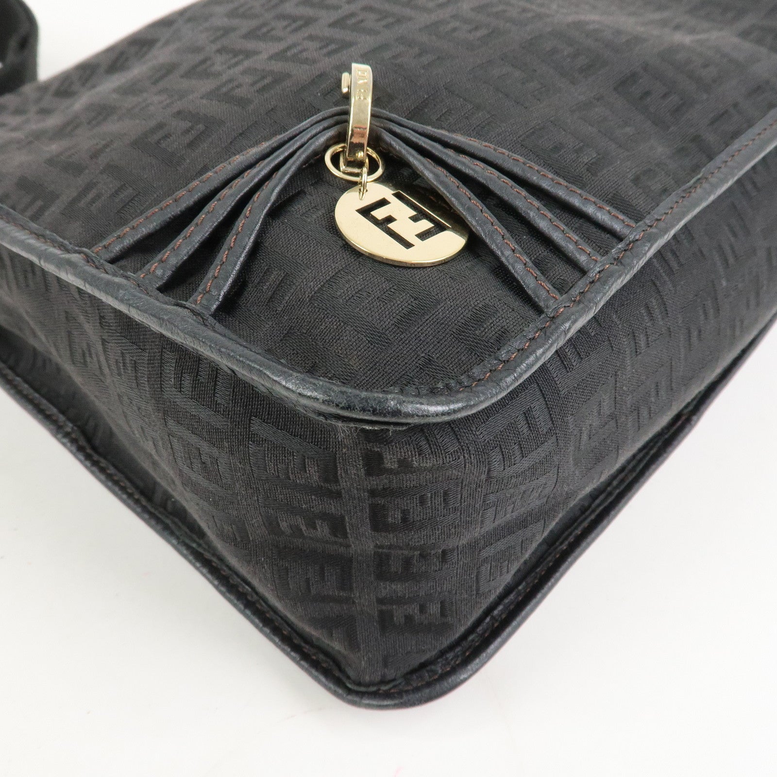 FENDI Zucchino Canvas Leather Shoulder Crossbody Bag Black 8BT090