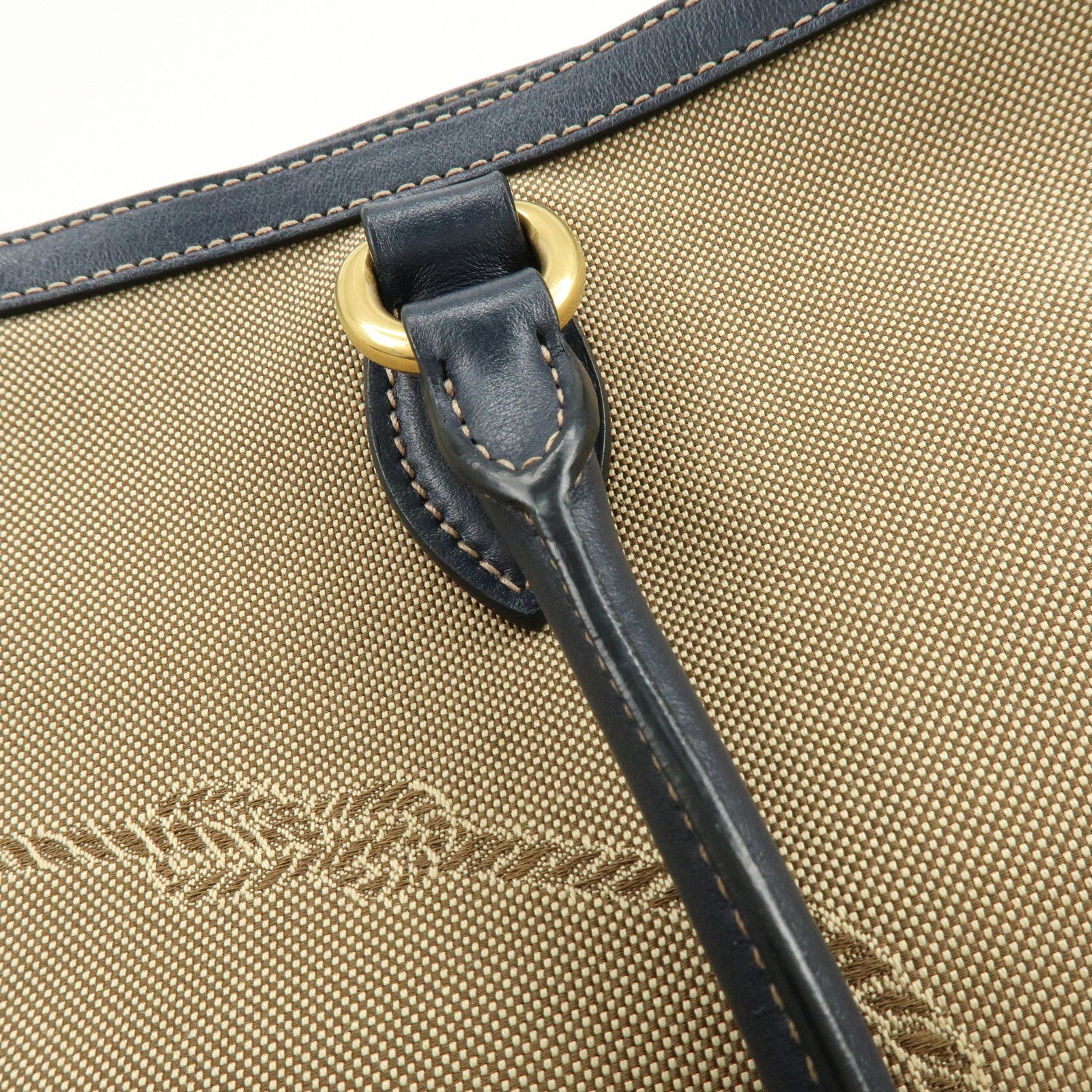 PRADA Logo Jacquard Leather Tote Bag Hand Bag Beige Navy