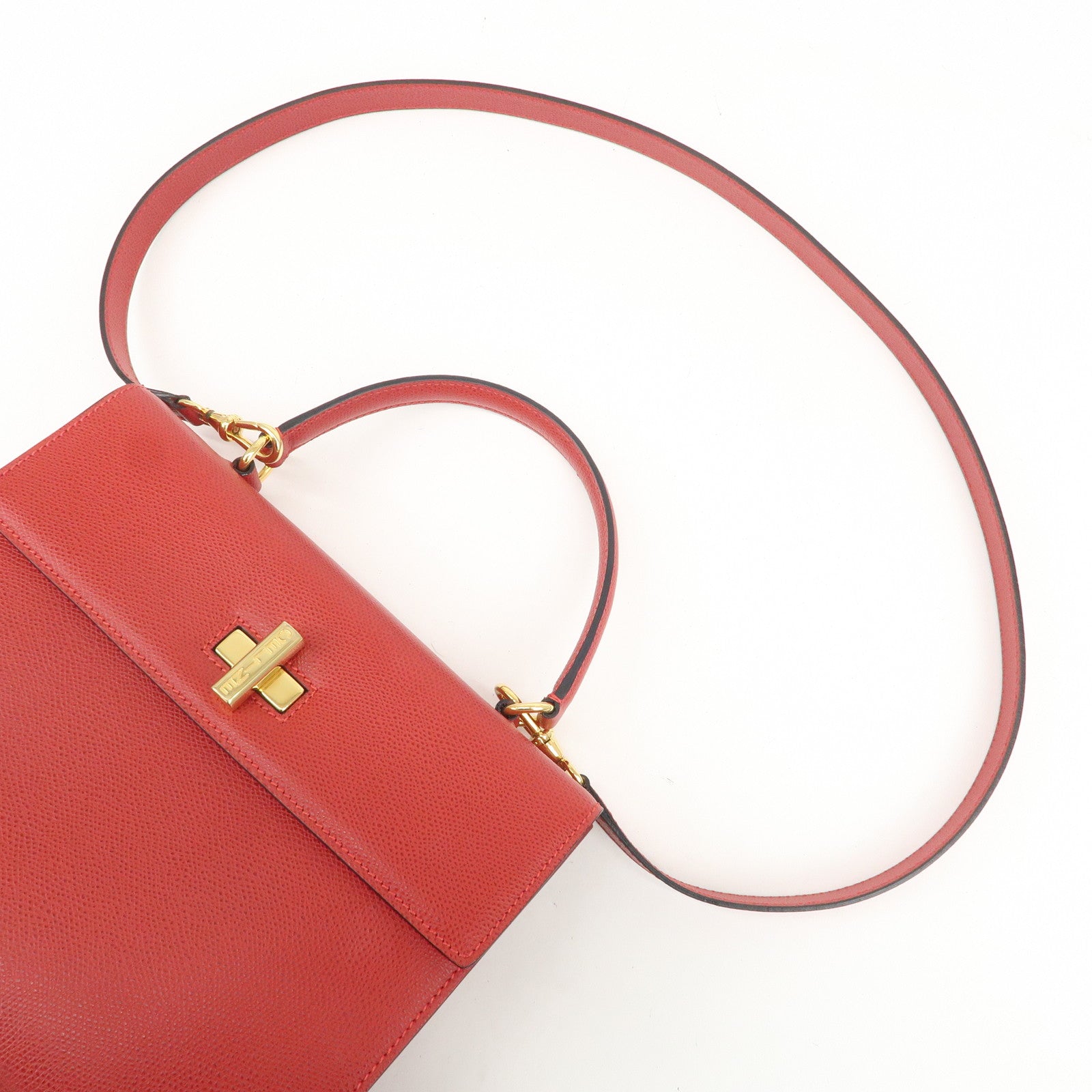 CELINE Leather Top Handle Turn Lock 2Way Hand Bag Shoulder Bag Red