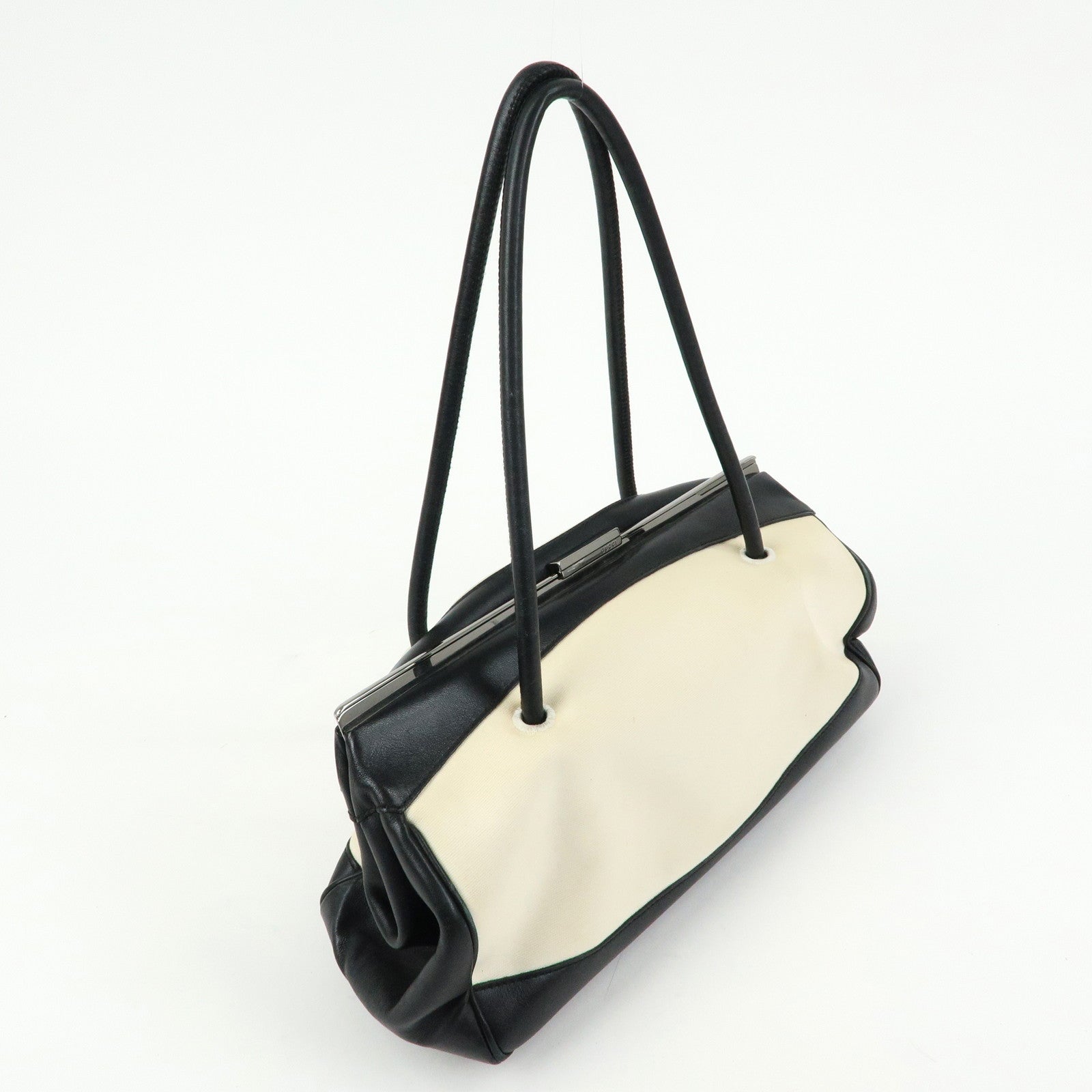 GUCCI Canvas Leather Hand Bag Ivory Black 92726