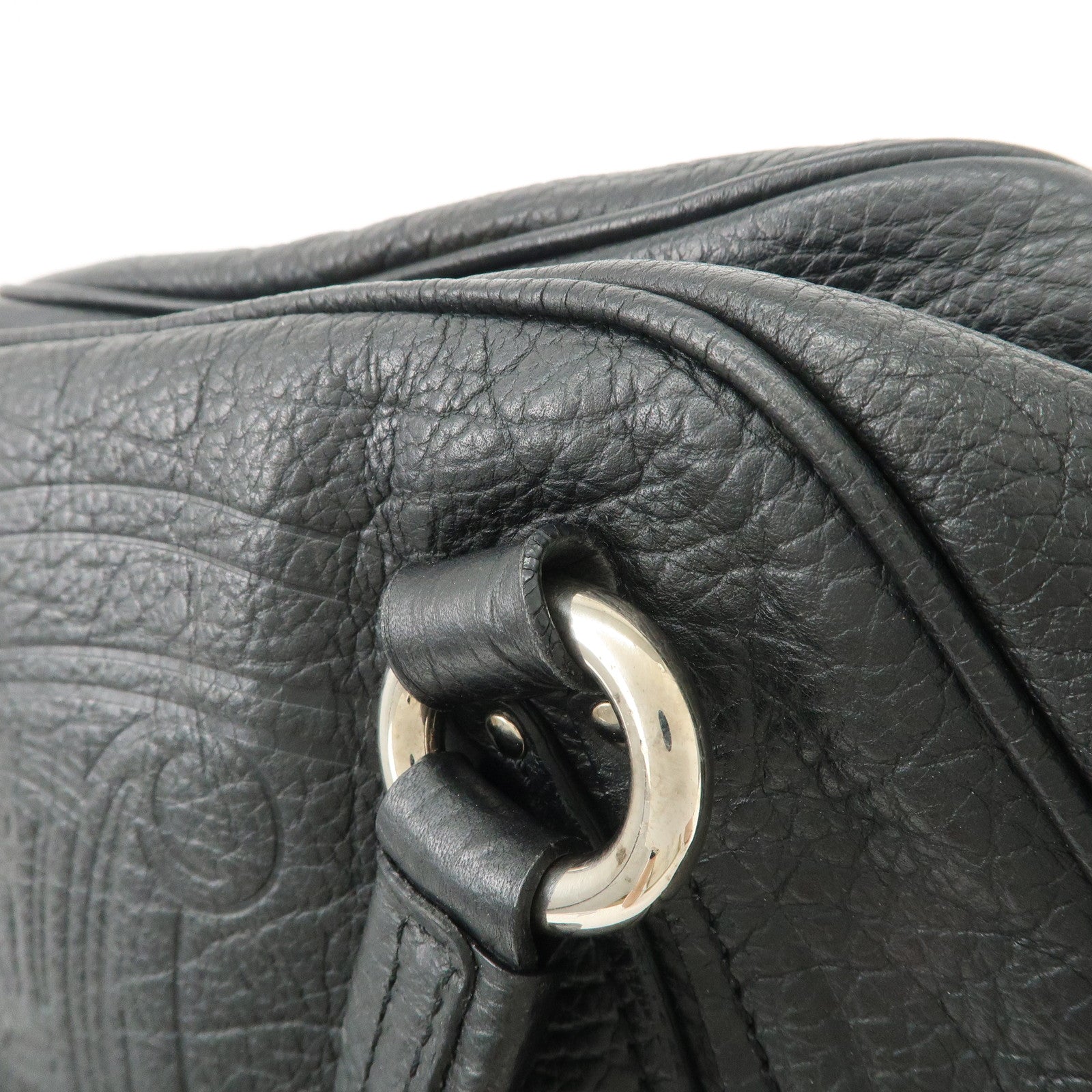 CELINE Leather Boston Bag Hand Bag Black Silver Hardware Used