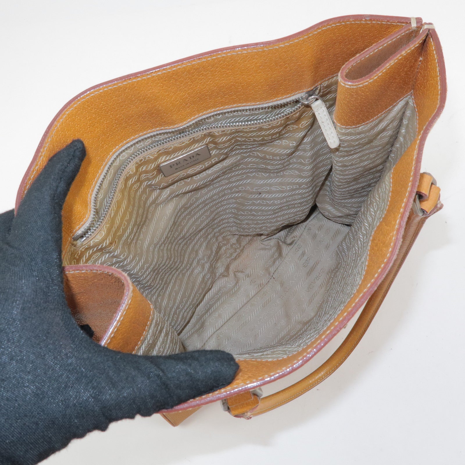 PRADA Triangle Logo Leather Tote Bag Shoulder Bag Light Brown