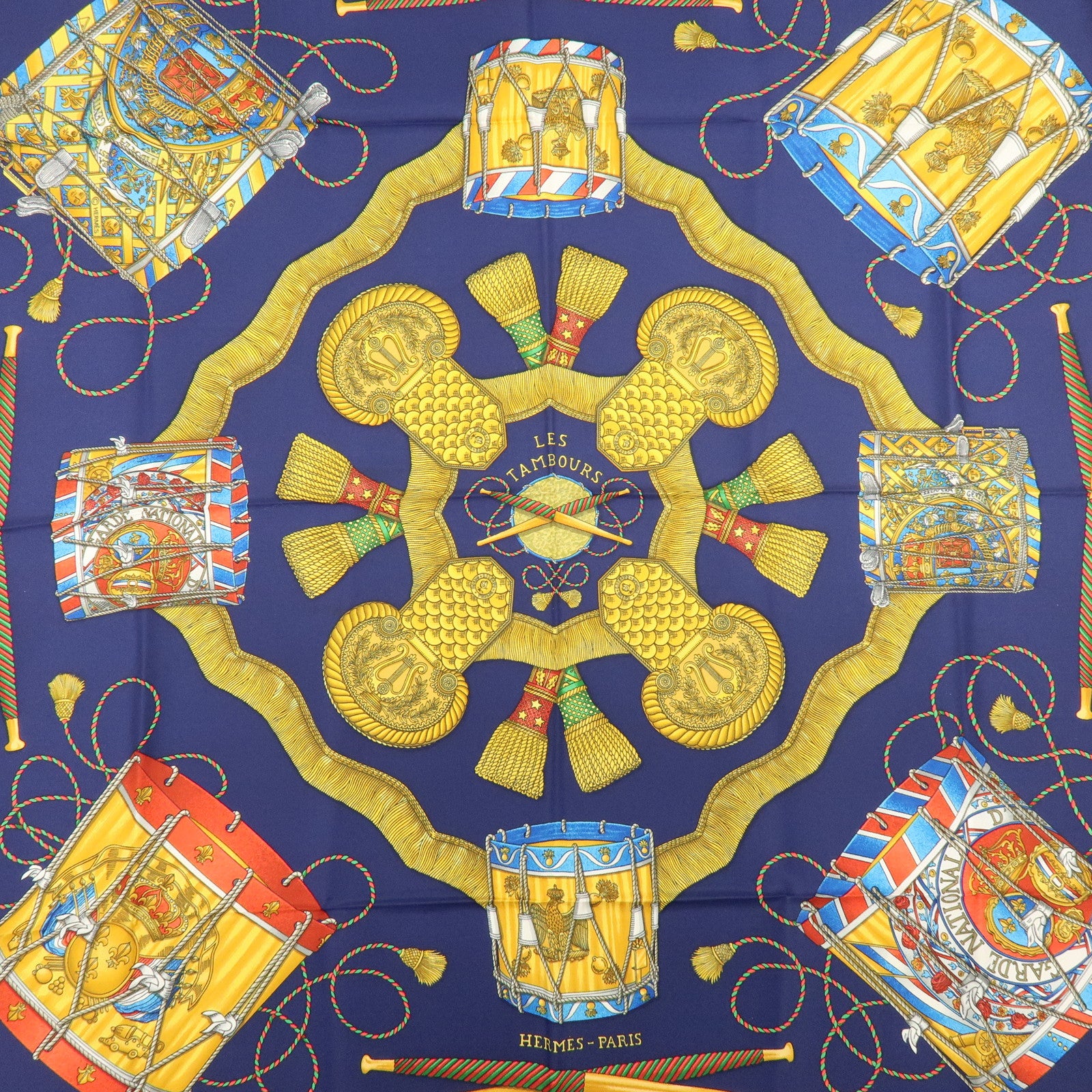 HERMES Carre 90 Silk 100% Scarf  LES TAMBOURS Navy Gold