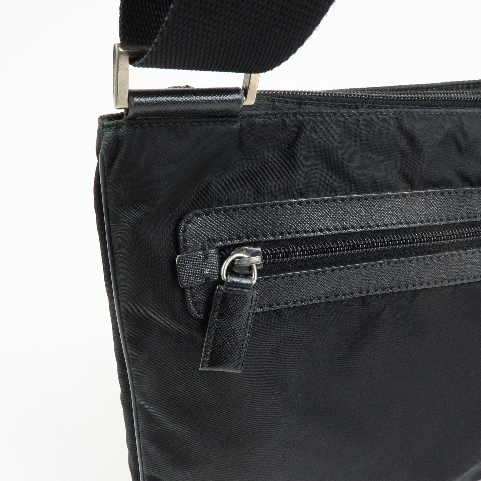 PRADA Triangle Logo Nylon Saffiano Leather Shoulder Bag Black