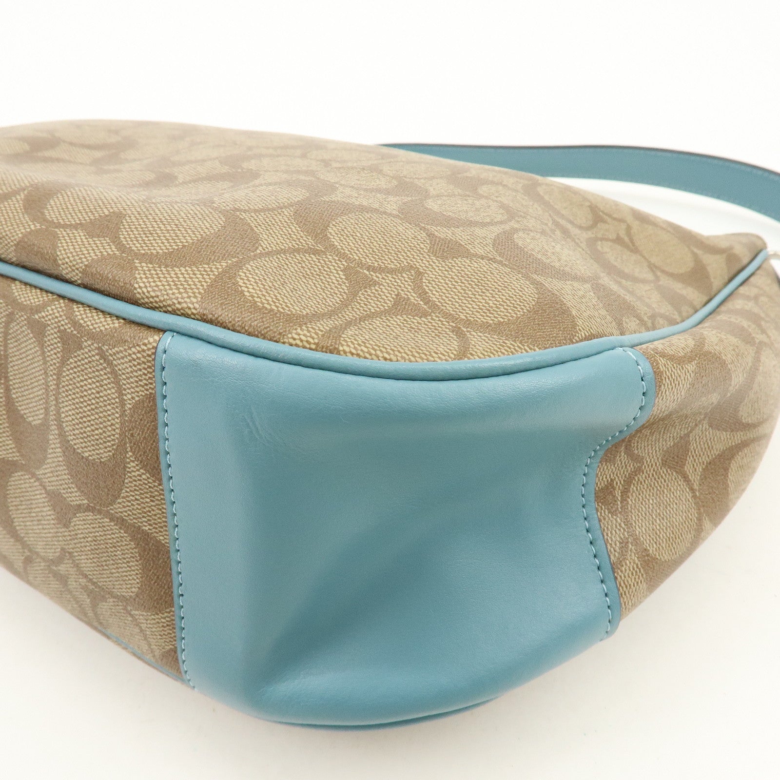 COACH Signature PVC Coated Canvas Leather Shoulder Bag Beige Blue