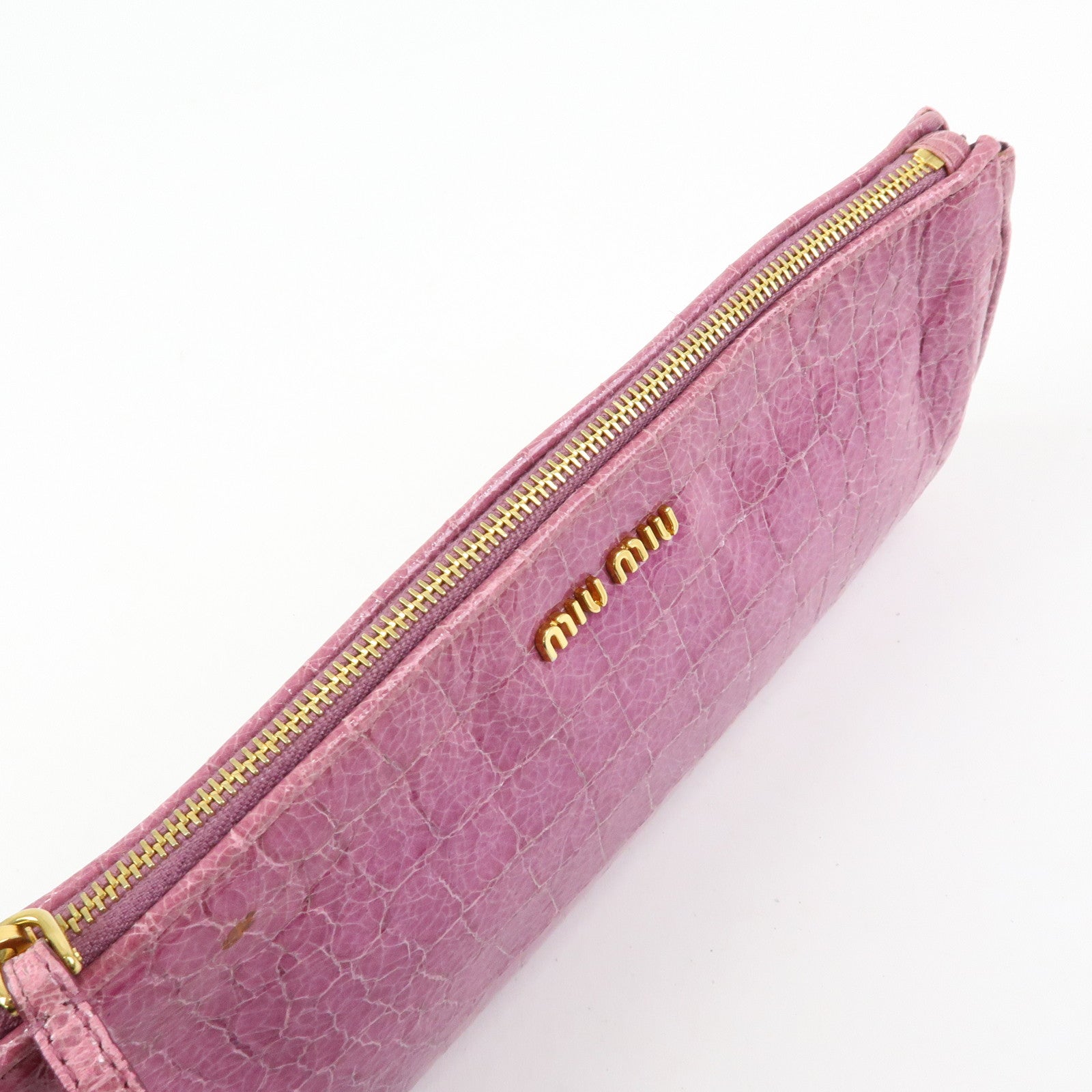 MIU MIU Logo Embossed Leather Clutch Bag Wristlet Bag Purple
