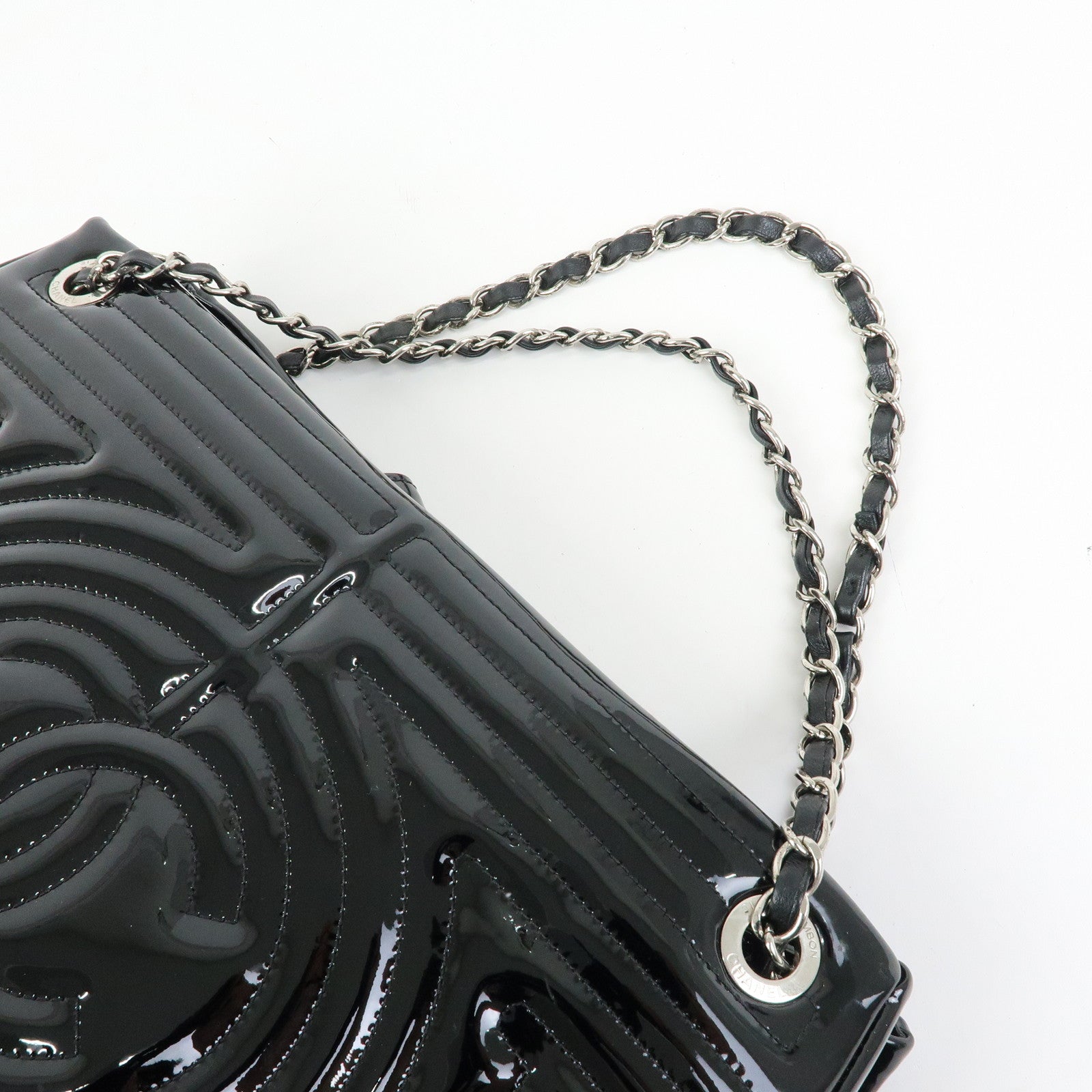 CHANEL COCO Mark Patent Leather Lamb Skin Tote Bag Hand Bag Black