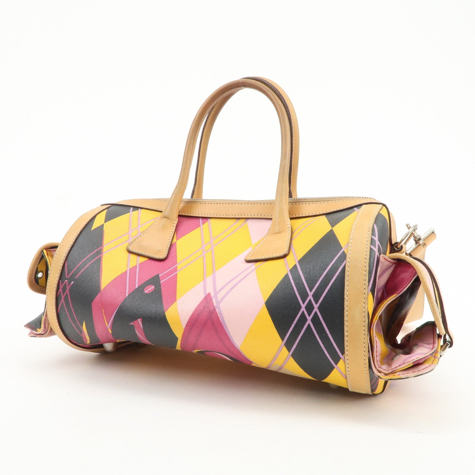 Christian Dior PVC Leather 2Way Bag Boston Bag Yellow Pink Brown