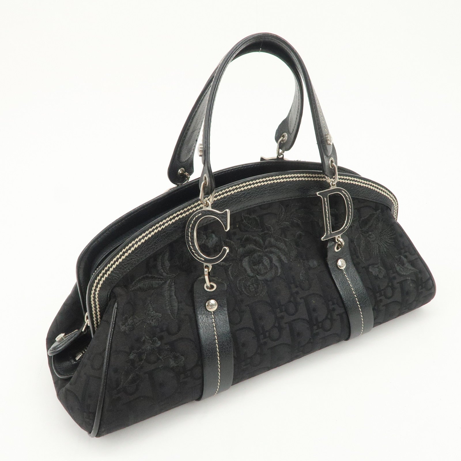 Christian Dior Trotter CD Logo Canvas Leather Hand Bag Black