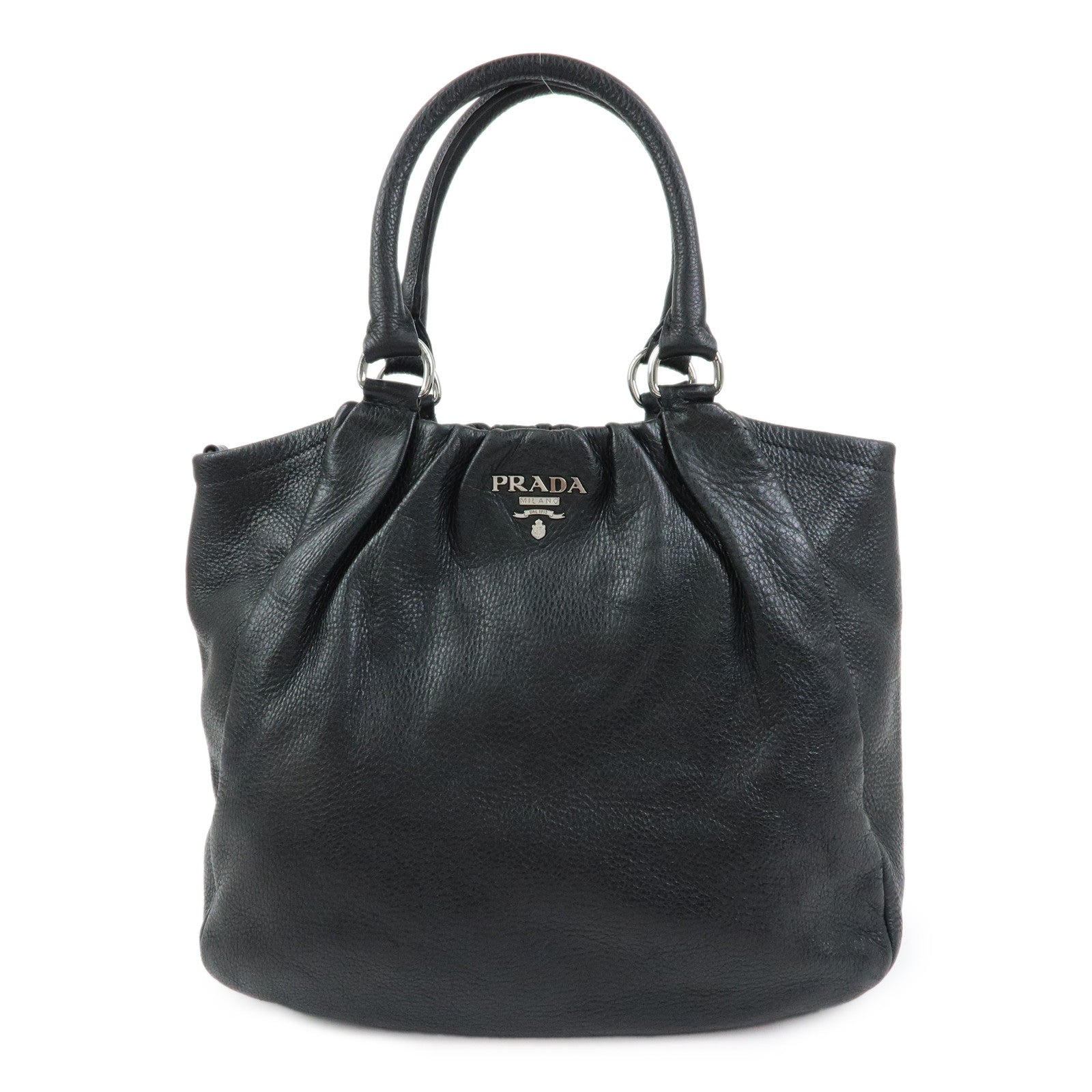 PRADA Logo Leather Tote Bag Shoulder Bag Hand Bag Black