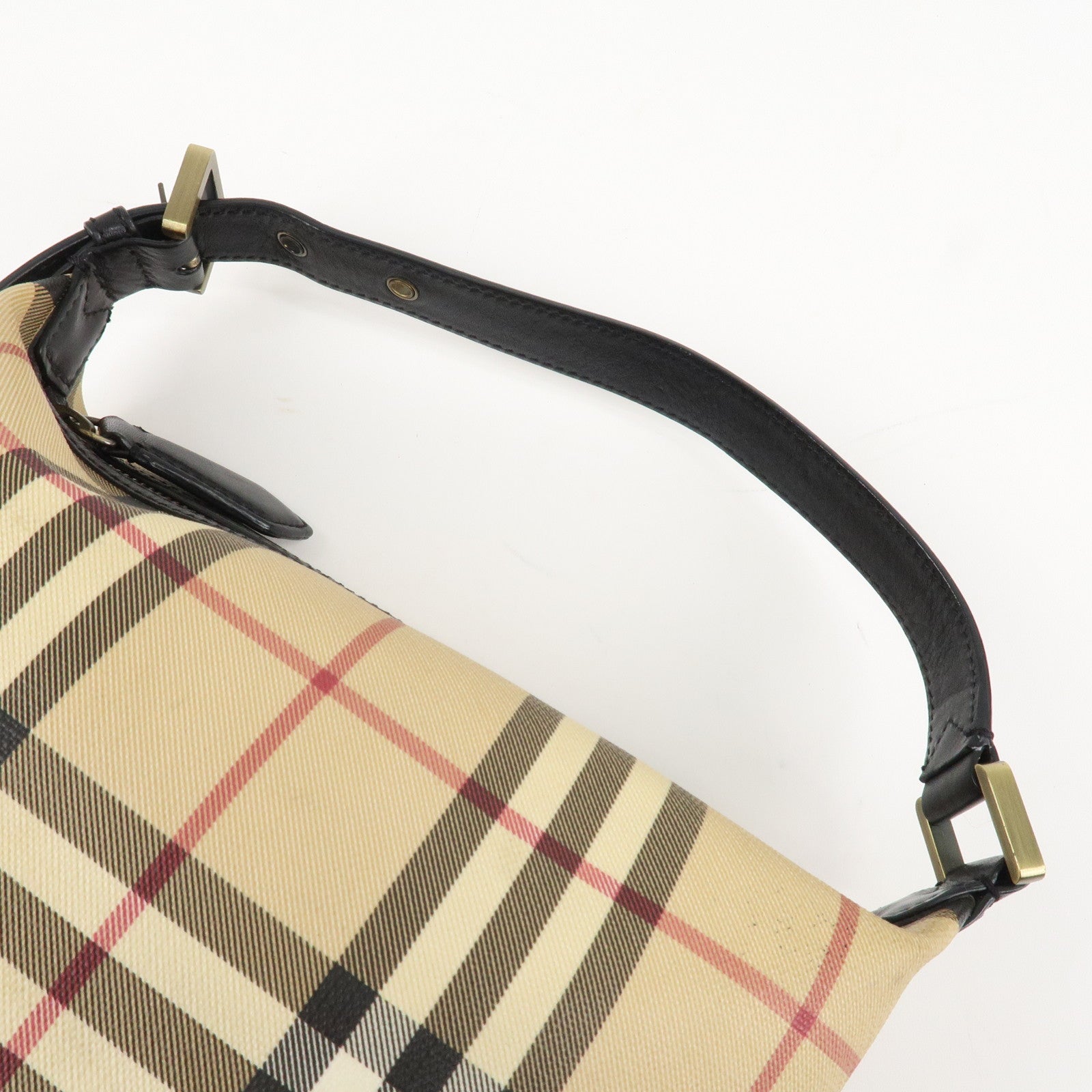 BURBERRY Nova Plaid Canvas Leather Shoulder Bag Hand Bag Beige Black Used