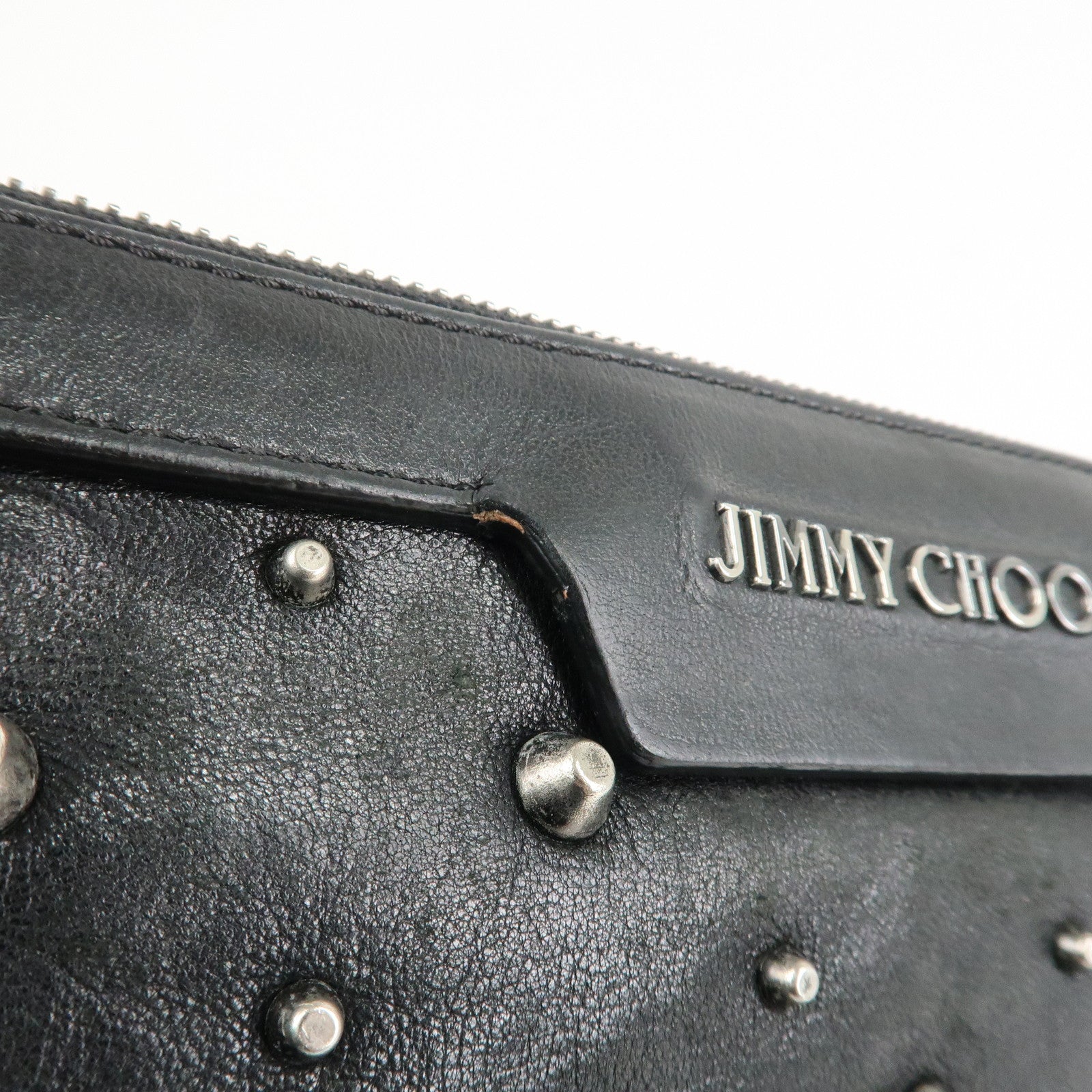 JIMMY CHOO Leather Studs Clutch Bag Black Silver HDW Used