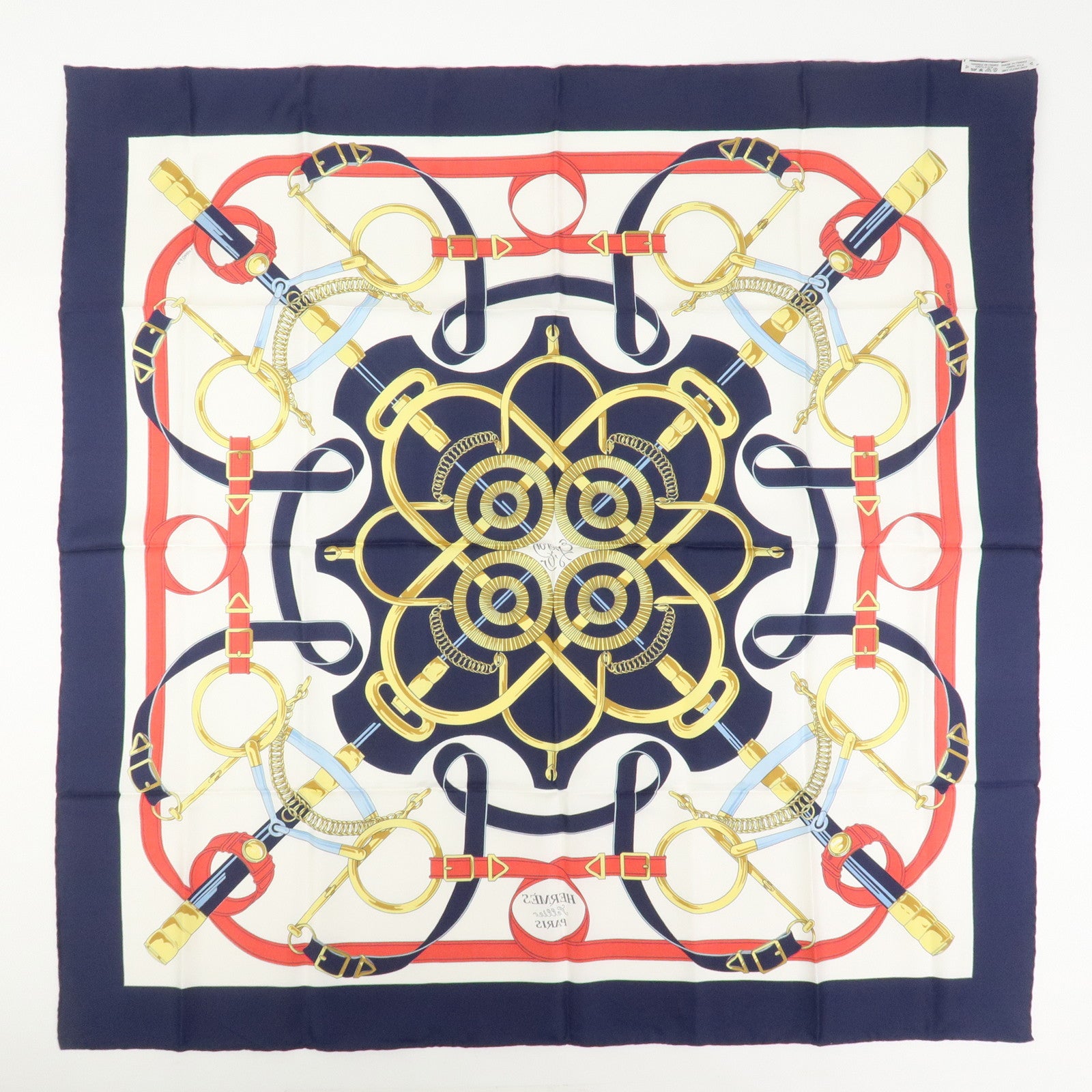 HERMES Carre 90 Silk 100% Scarf Eperon d'or Navy White