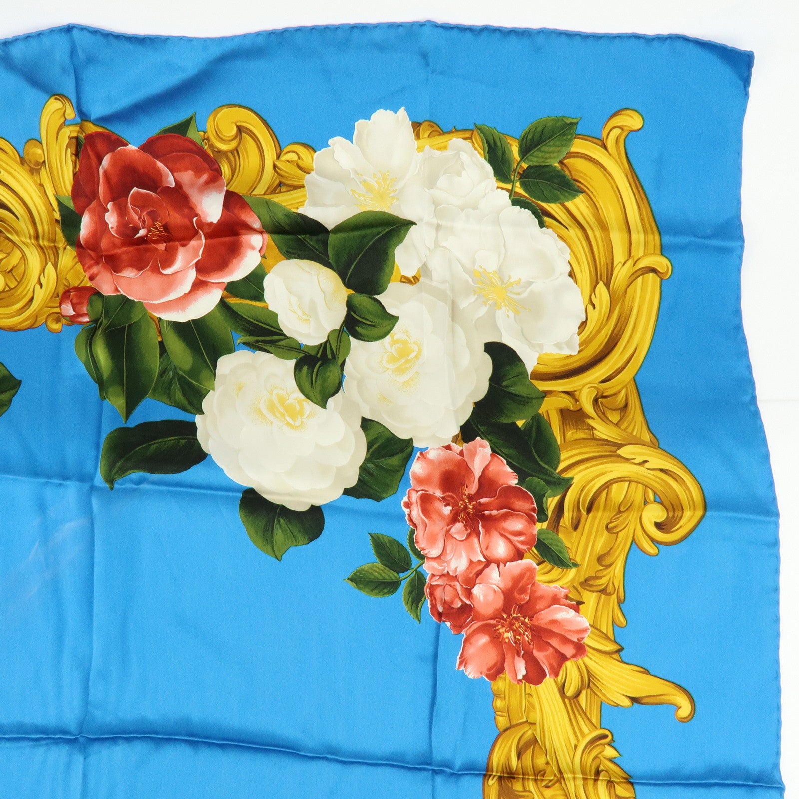 CHANEL Silk 100% Scarf Camellia Flower Motif Blue Gold Red