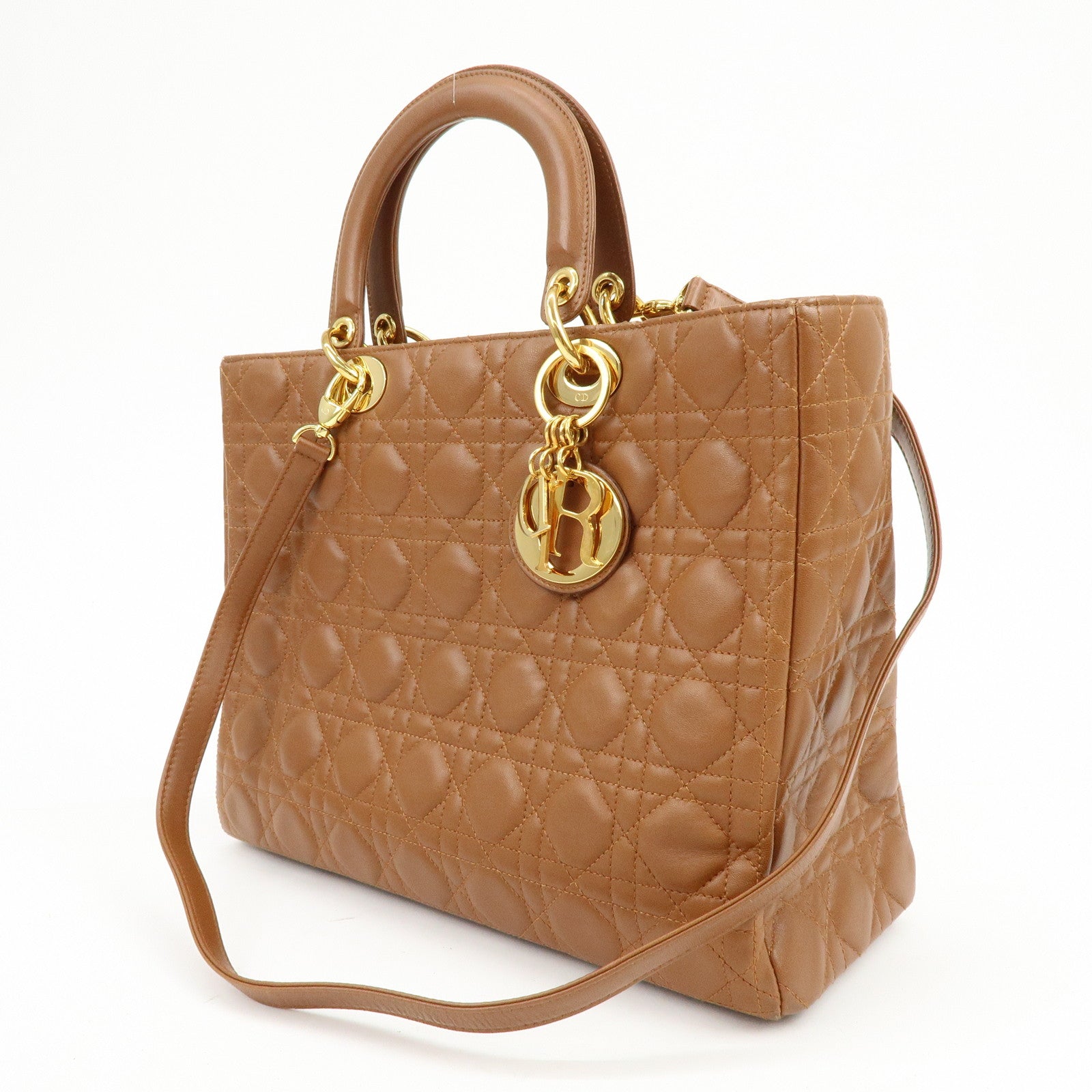 Christian Dior Cannage Large Lamb Skin 2Way Bag Hand Bag Camel