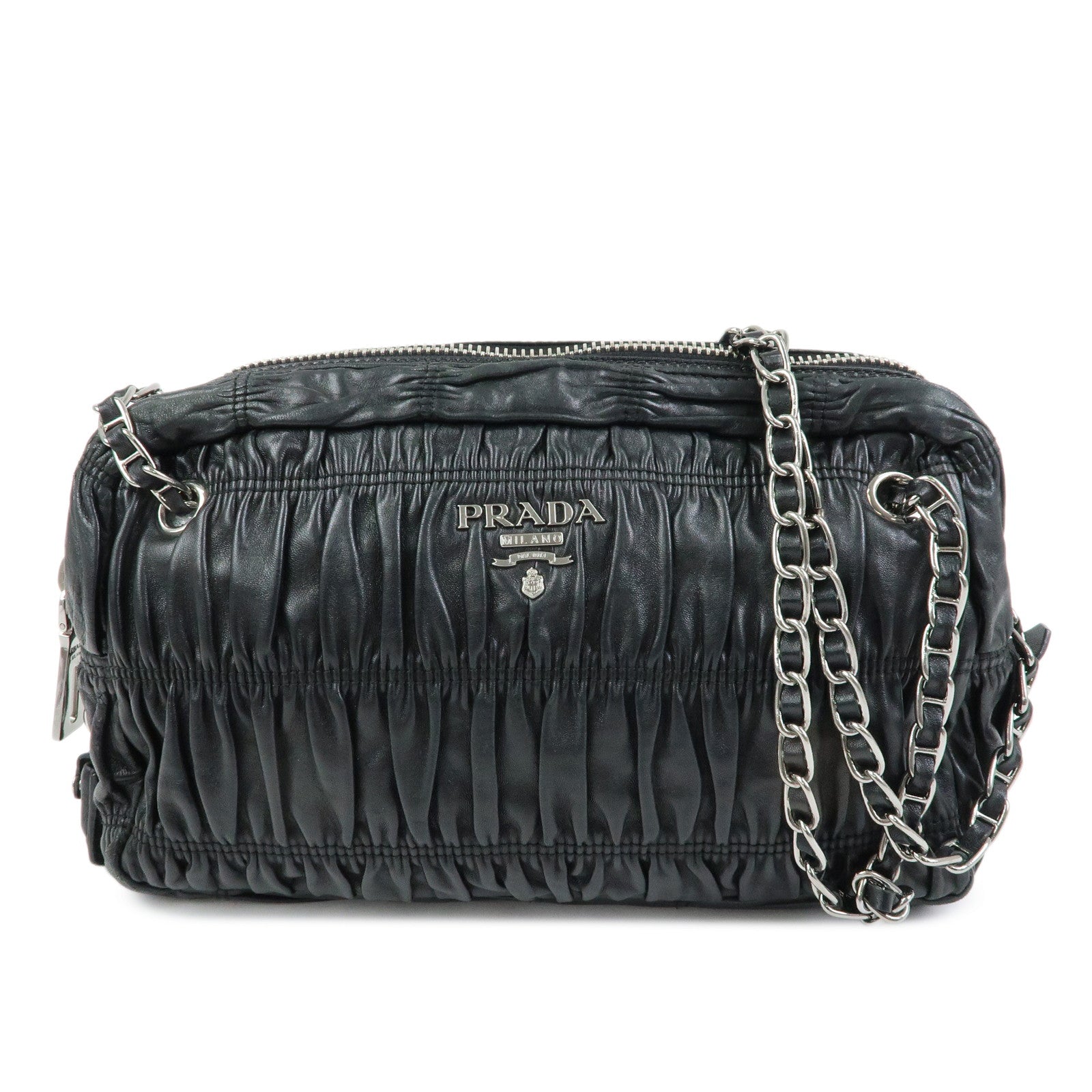 PRADA Logo Nappa Leather Gathered Chain Shoulder Bag Black