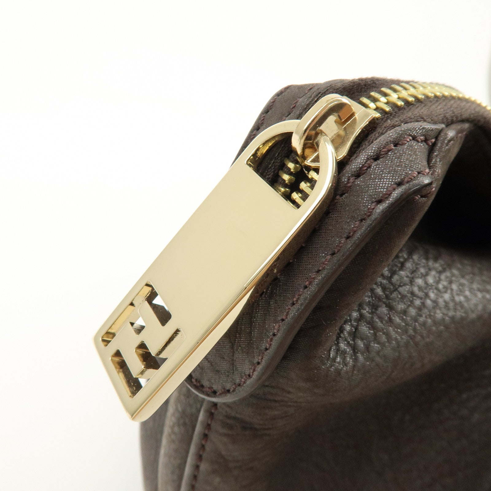 FENDI Leather Tote Bag Shoulder Bag Dark Brown 8BR636