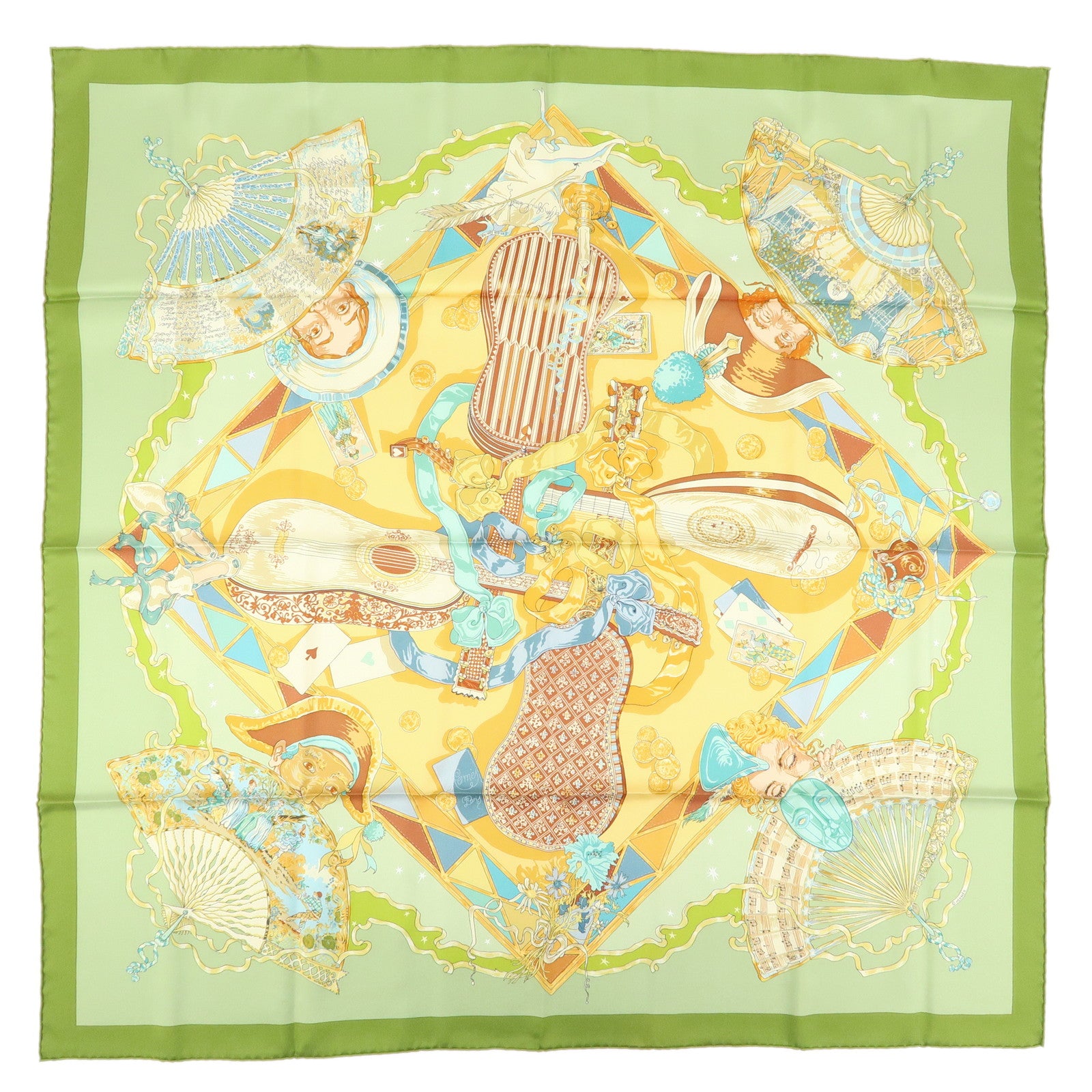 HERMES Carre90 Silk100% Scarf Mon Ami Pierrot Green Yellow Beige