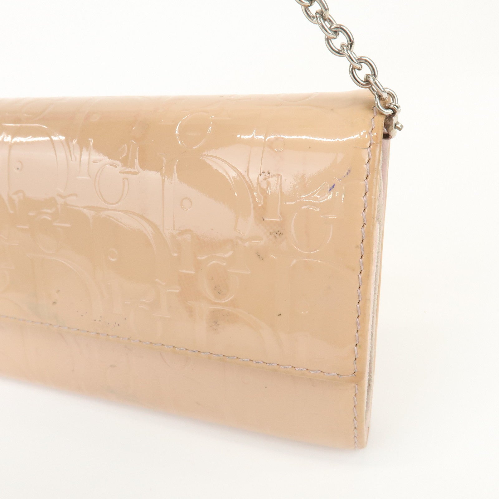Christian Dior Patent Leather Chain Wallet Long Wallet WOC Beige