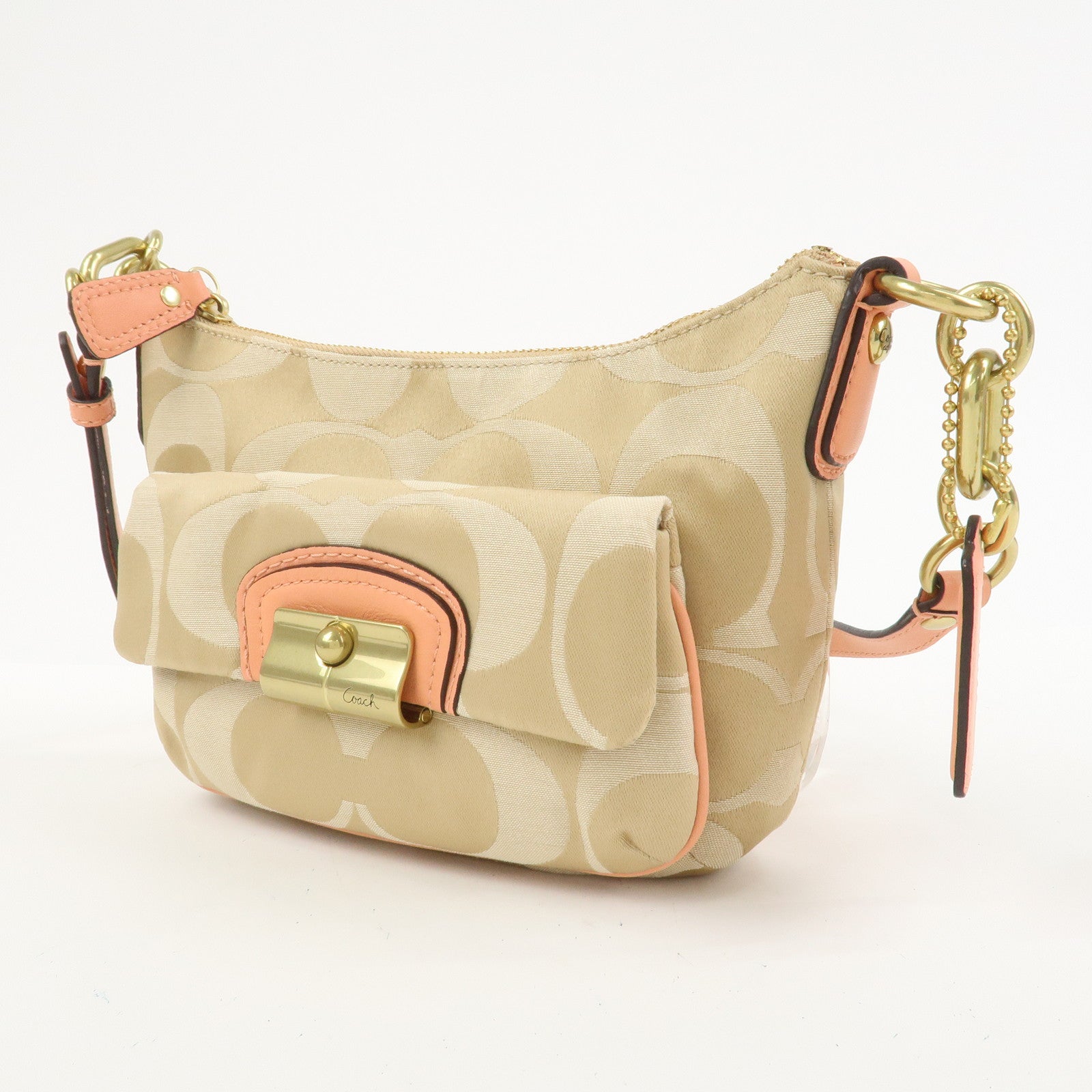 COACH Signature Canvas Leather Shoulder Crossbody Bag Beige Pink