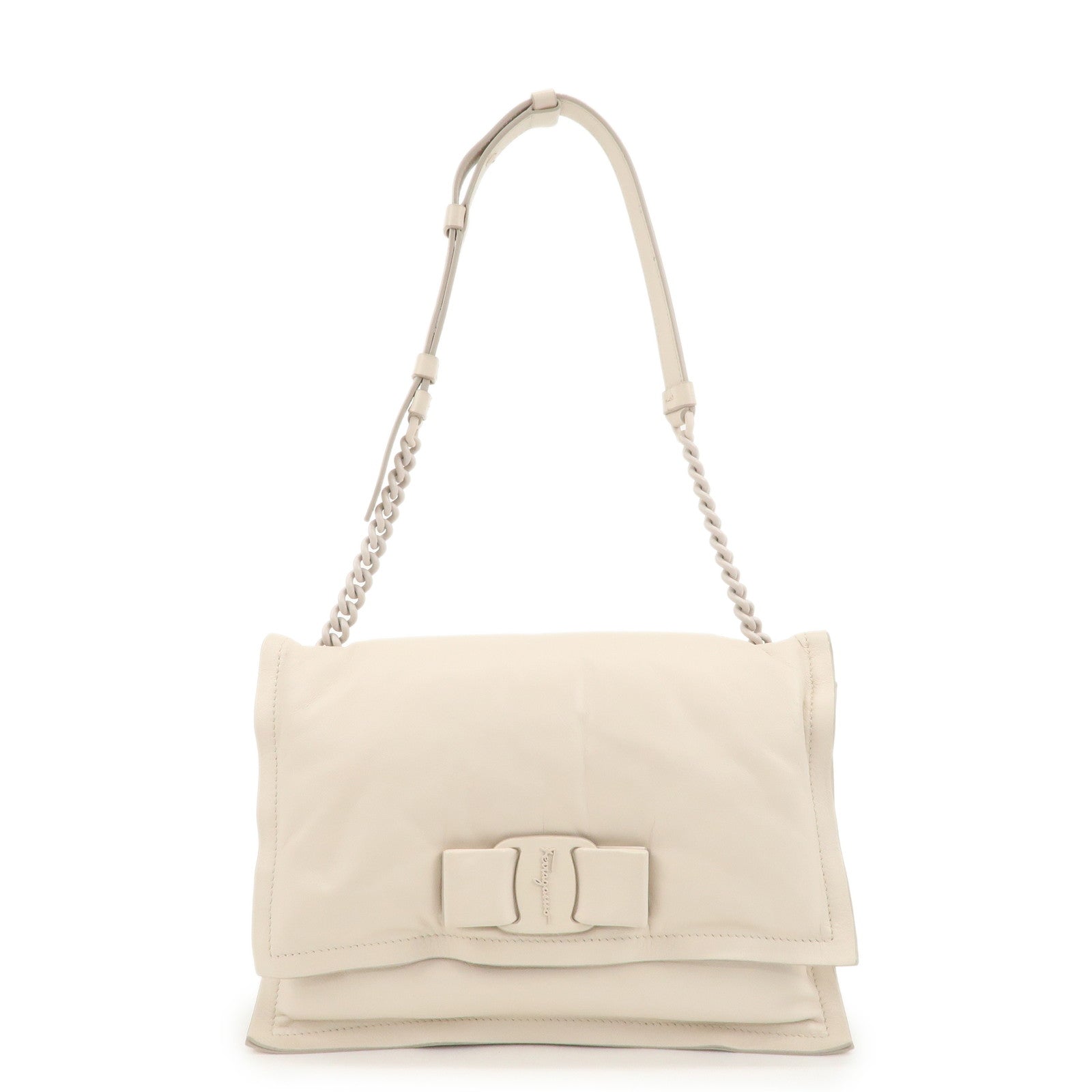 Ferragamo Vara Ribbon Leather Chain Shoulder Bag Hand Bag Ivory