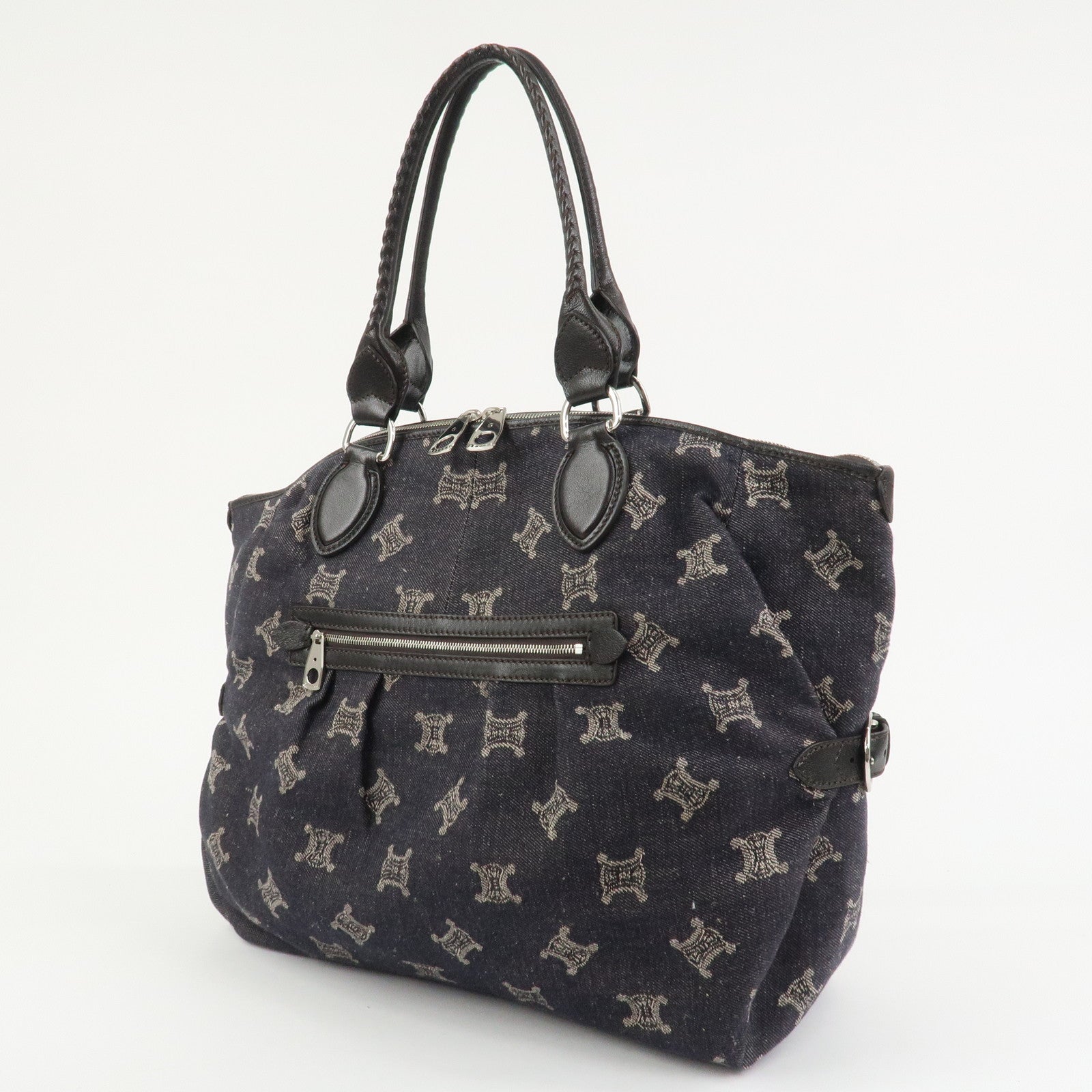 CELINE Macadam Denim Leather Tote Bag Hand Bag Navy Dark Brown