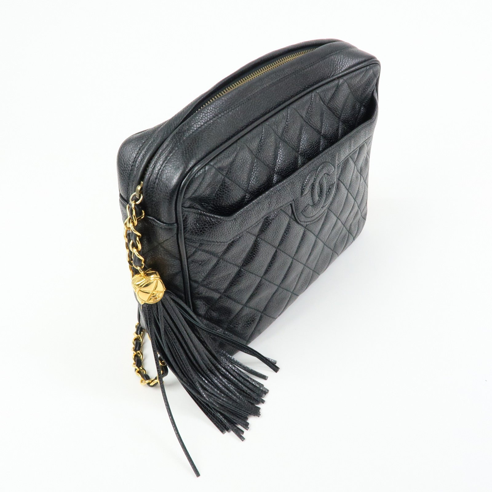 CHANEL Matelasse Cavairskin Chain Shoulder Bag Tassel Black Gold