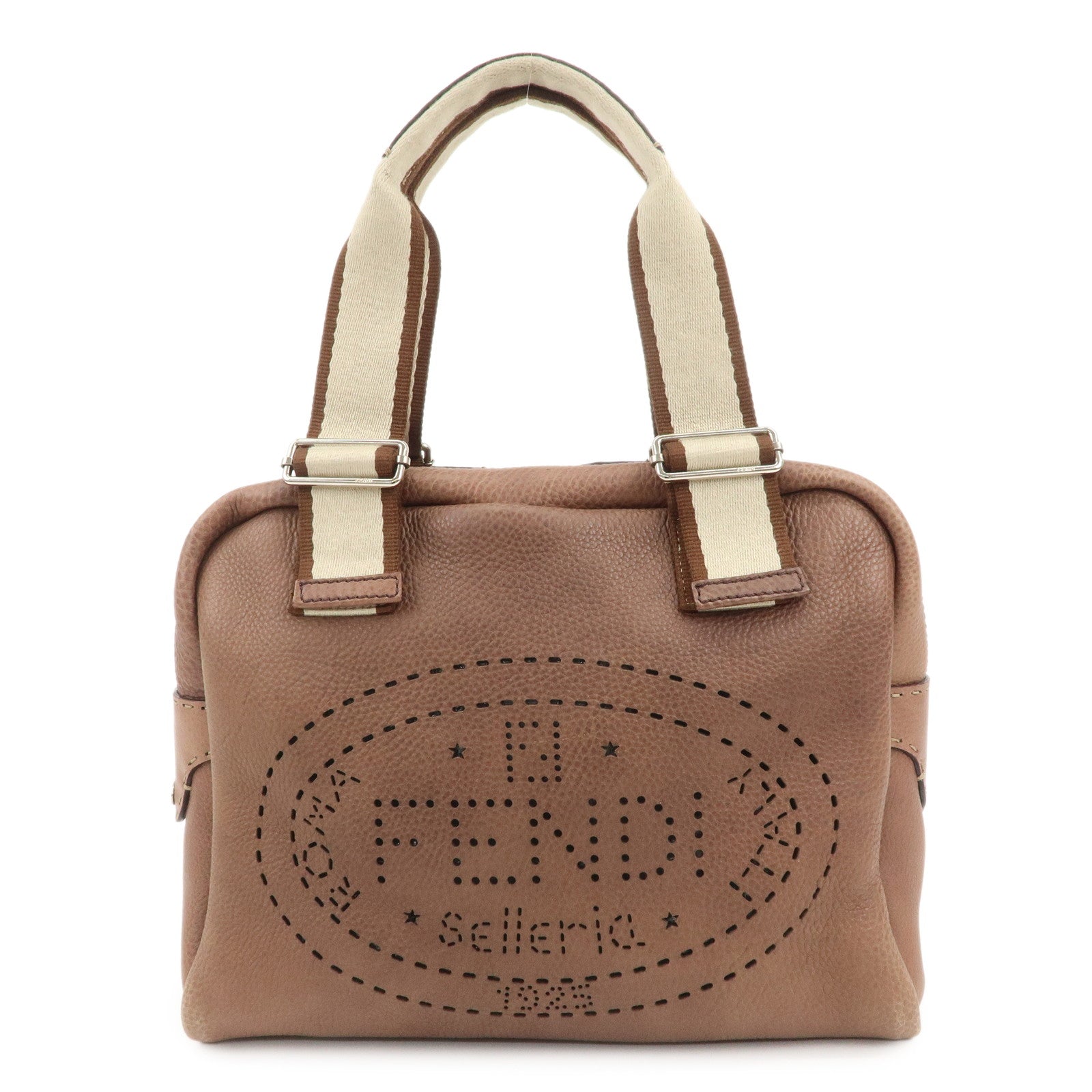 FENDI Selleria Leather Canvas Hand Bag Shoulder Bag Brown 8BL093