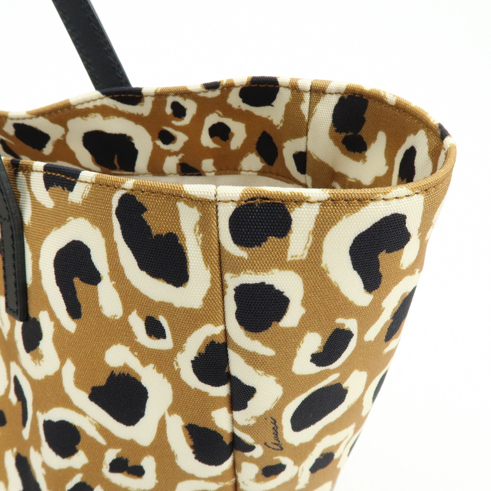 GUCCI Leopard Canvas Leather Tote Bag Hand Bag Beige Black 282439