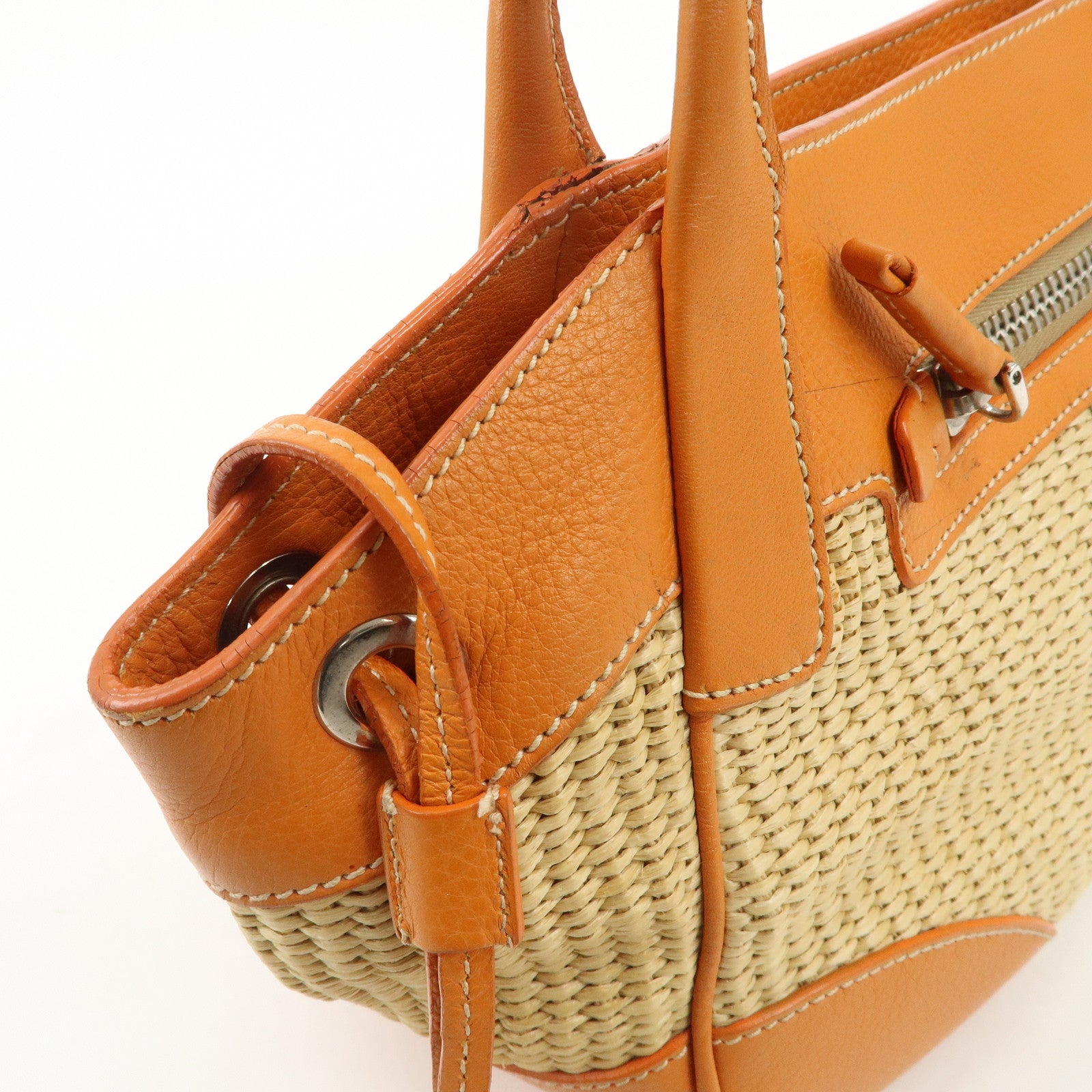PRADA Triangle Logo Raffia Leather Shoulder Bag Beige Orange