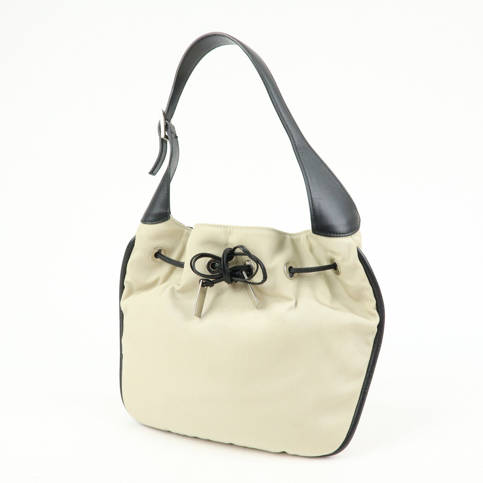GUCCI Nylon Leather Drawstring Shoulder Bag Beige Black 001.4034