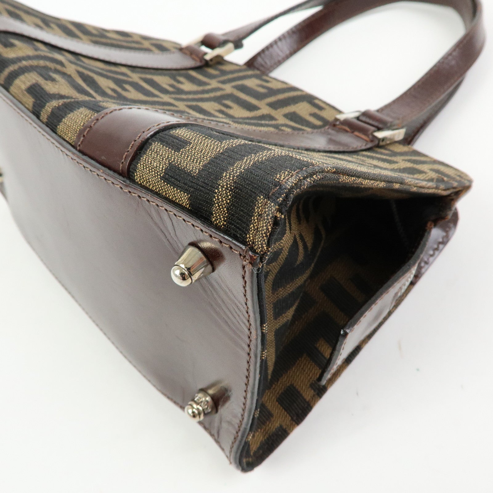 FENDI Zucca Jacquard Canvas Leather Top Handle Hand Bag Brown